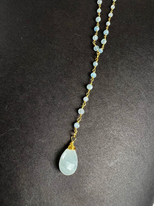 Aquamarine Y Necklace , Natural Aquamarine Faceted 12x18mm Drop with Aquamarine wire wrapped gold chain .