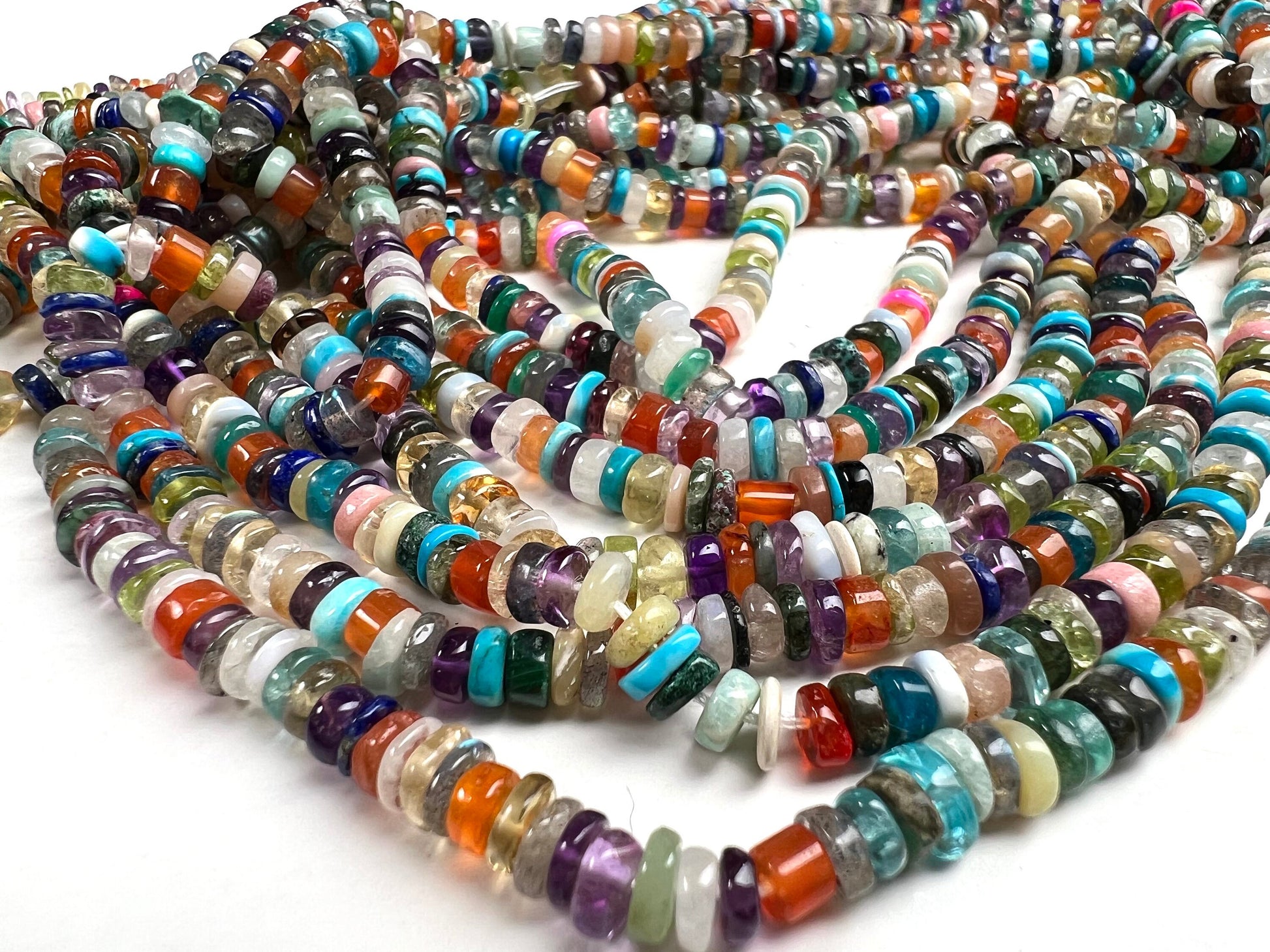 Natural Multi Gemstone mix shaded heishi 4.4-5mm mix gems,Apatite aquamarine Moonstone labradorite gems beads .12.5”