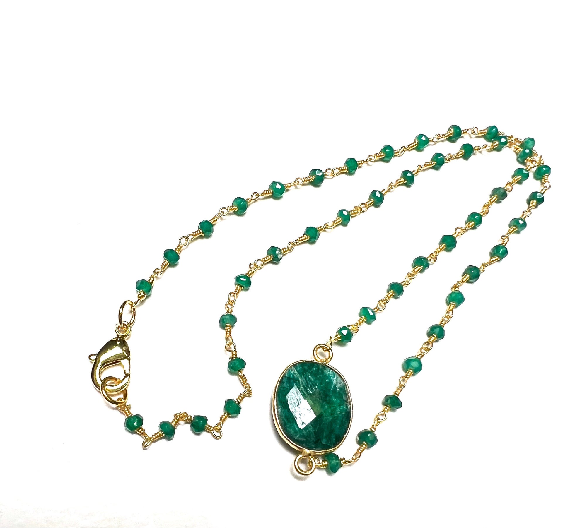 Genuine Emerald Gold Bezel Pendant with Matching Emerald Beaded chain Gold vermeil Necklace.