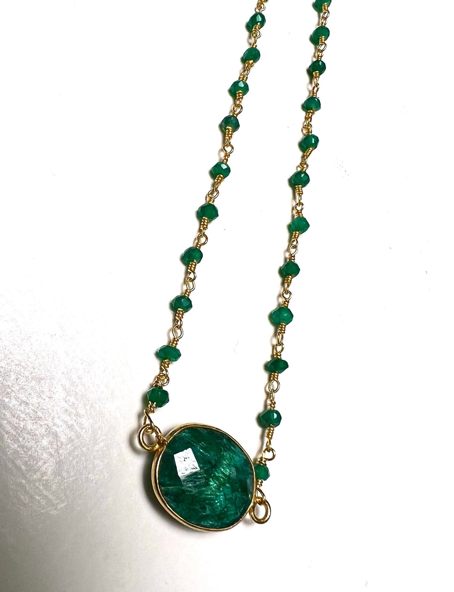 Genuine Emerald Gold Bezel Pendant with Matching Emerald Beaded chain Gold vermeil Necklace.