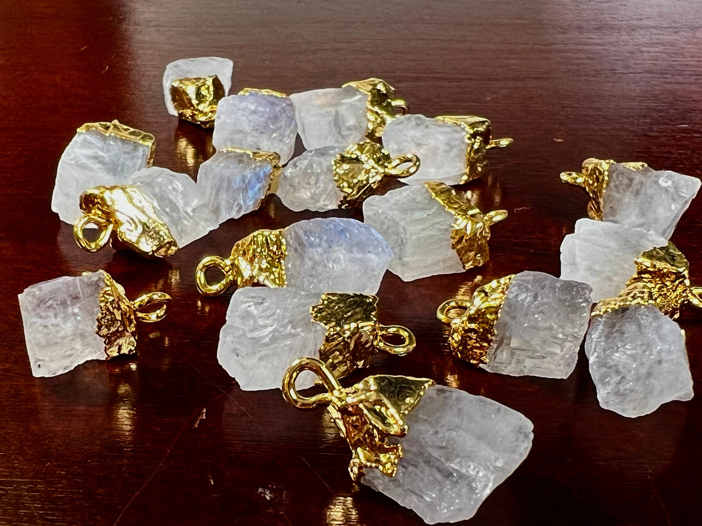 Natural Raw Rainbow Moonstone Freeform Gemstone with 22k gold vermeil handmade cap charms ,pendant dangle, Good luck gems .