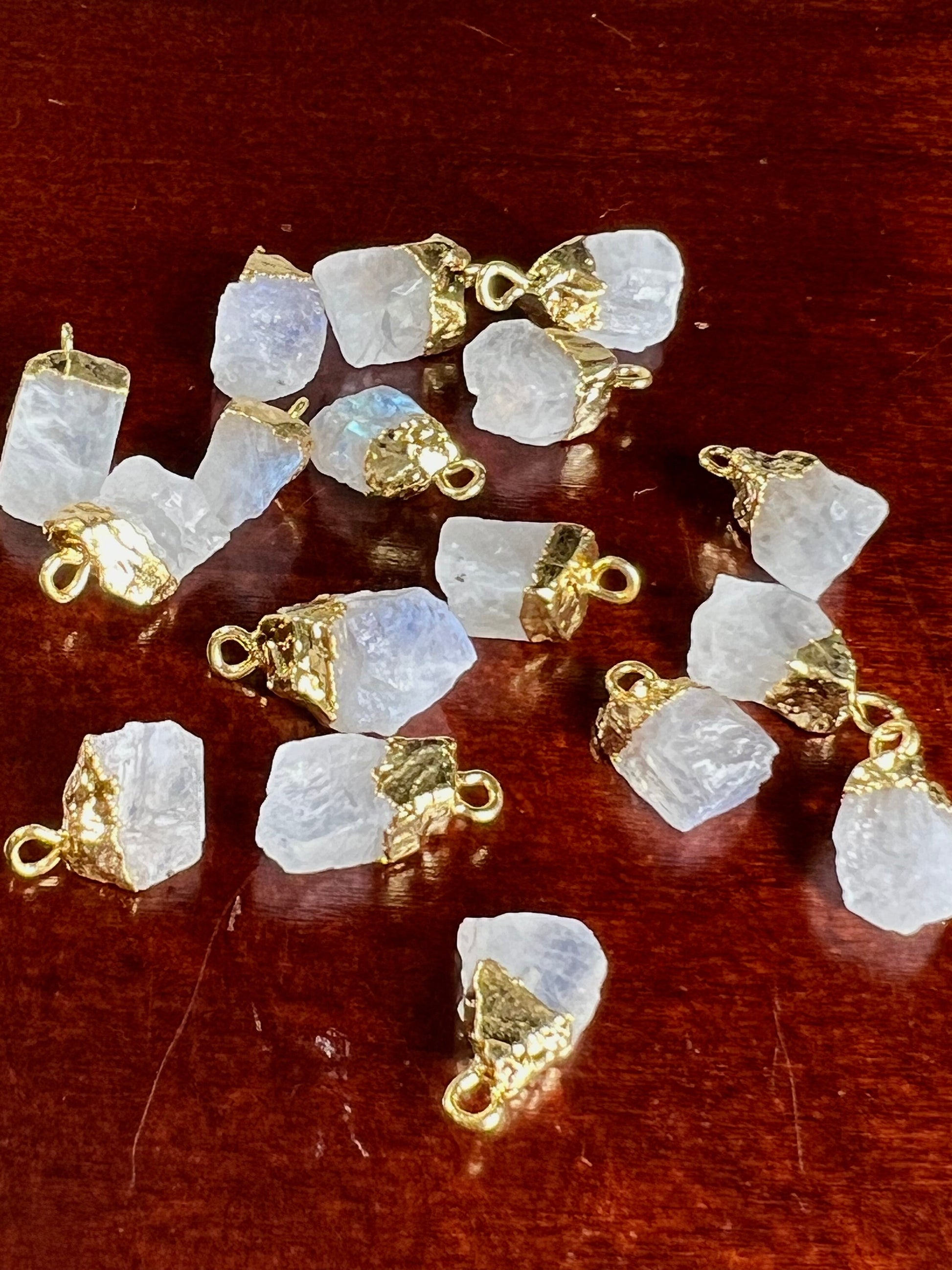 Natural Raw Rainbow Moonstone Freeform Gemstone with 22k gold vermeil handmade cap charms ,pendant dangle, Good luck gems .