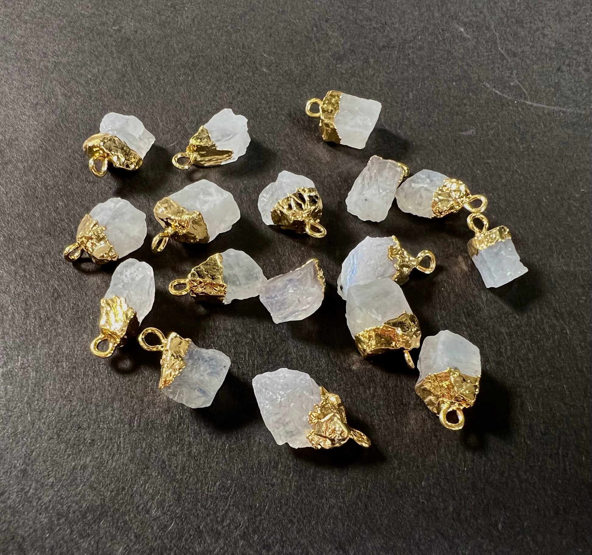 Natural Raw Rainbow Moonstone Freeform Gemstone with 22k gold vermeil handmade cap charms ,pendant dangle, Good luck gems .