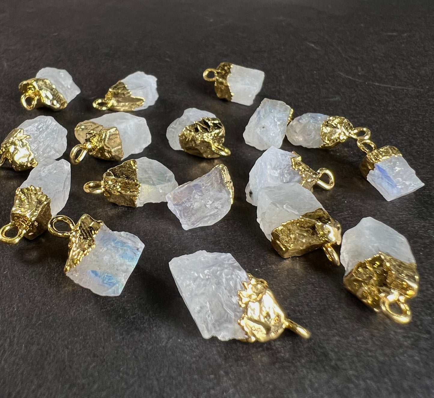 Natural Raw Rainbow Moonstone Freeform Gemstone with 22k gold vermeil handmade cap charms ,pendant dangle, Good luck gems .