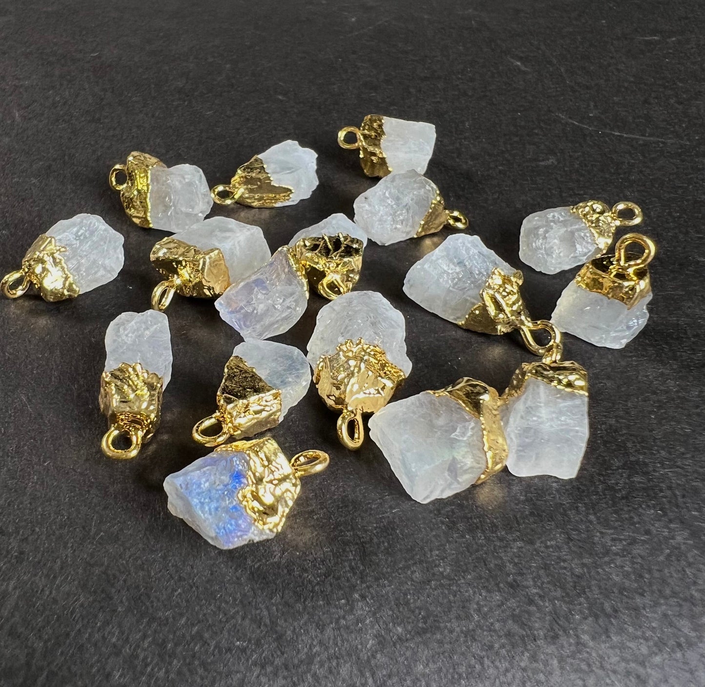 Natural Raw Rainbow Moonstone Freeform Gemstone with 22k gold vermeil handmade cap charms ,pendant dangle, Good luck gems .