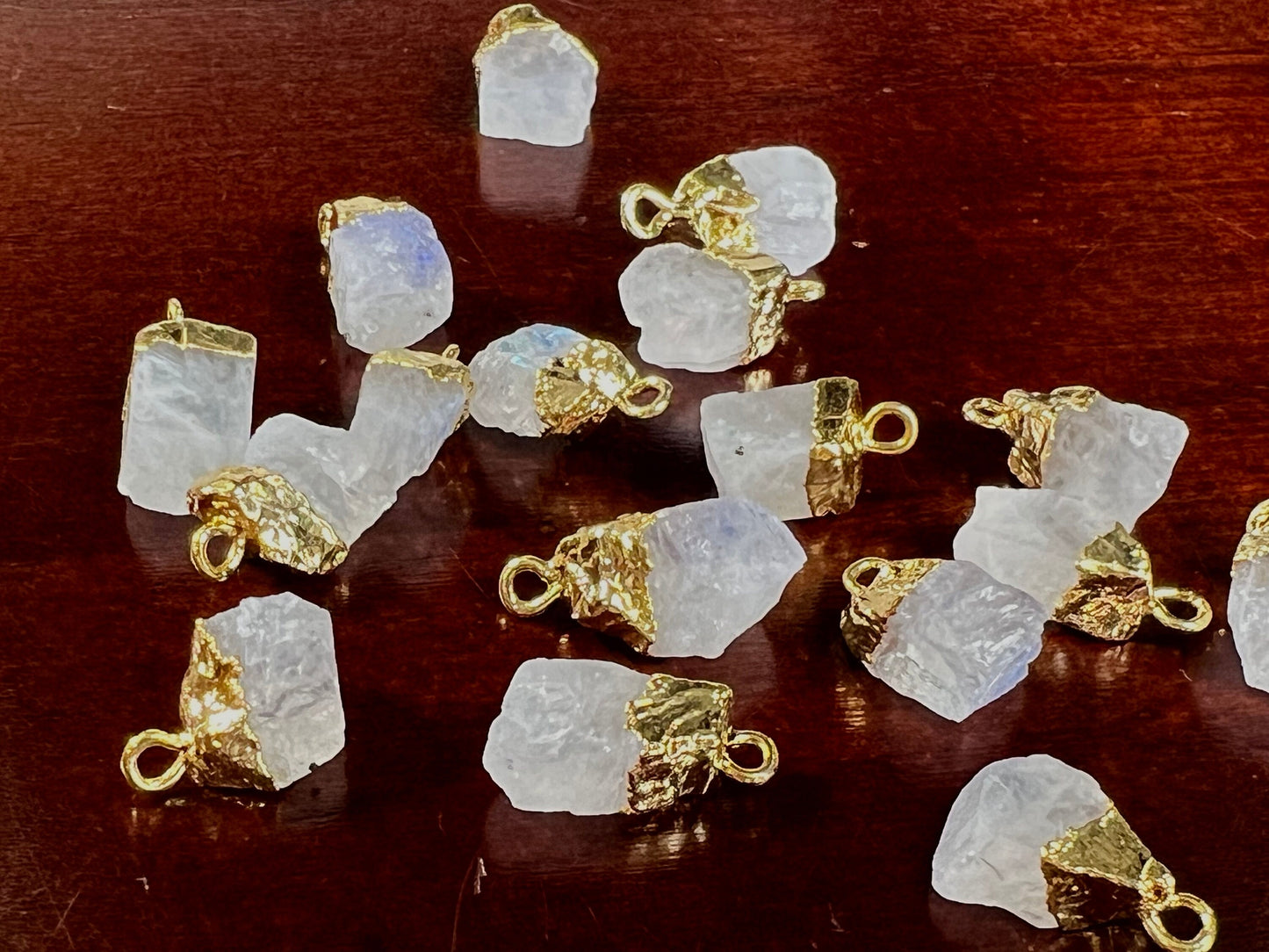 Natural Raw Rainbow Moonstone Freeform Gemstone with 22k gold vermeil handmade cap charms ,pendant dangle, Good luck gems .