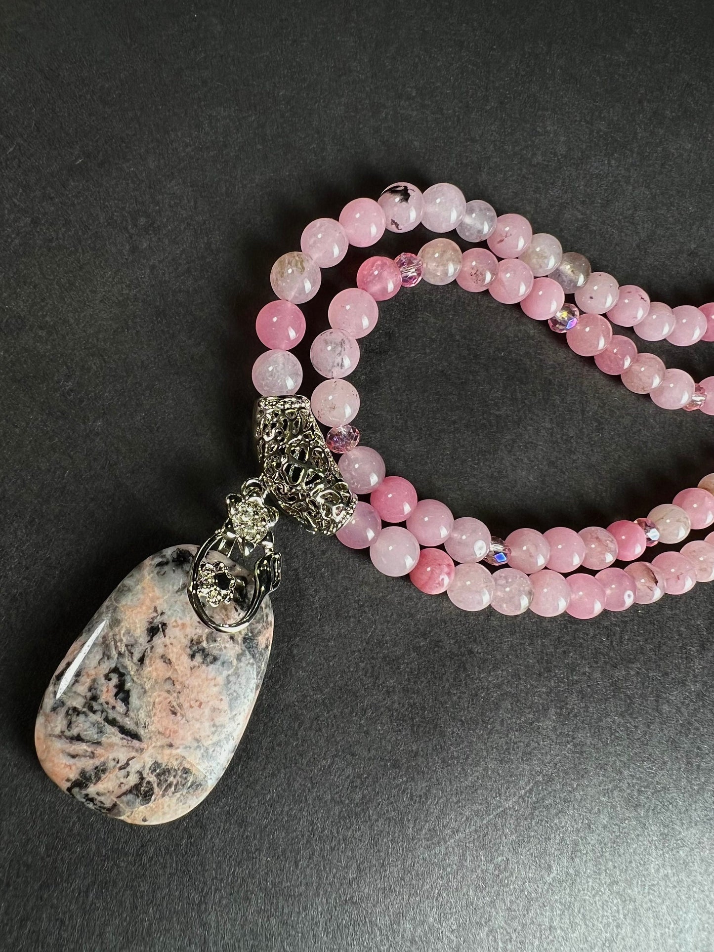 Natural Rhodonite pendant 8mm smooth round cherry Rhodonite icy pink beaded 2 line Necklace, fancy rhodium bail 18" plus 2" Ext