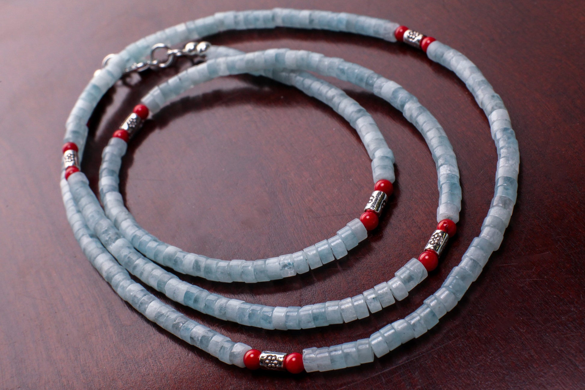 Natural Amazonite smooth Heishi 4mm, Coral and Bali style spacer Silver Necklace, for Men and Women.