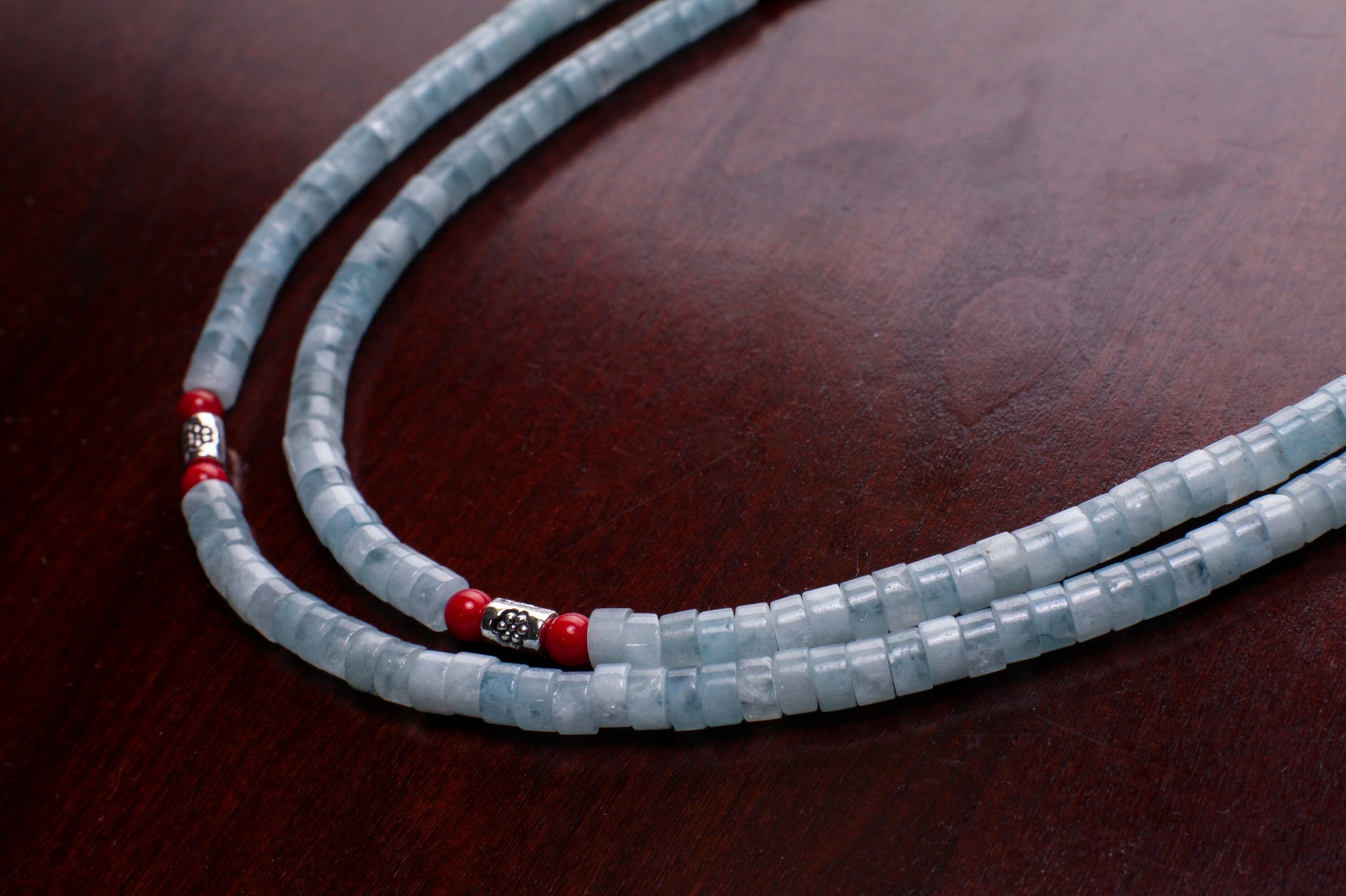 Natural Amazonite smooth Heishi 4mm, Coral and Bali style spacer Silver Necklace, for Men and Women.