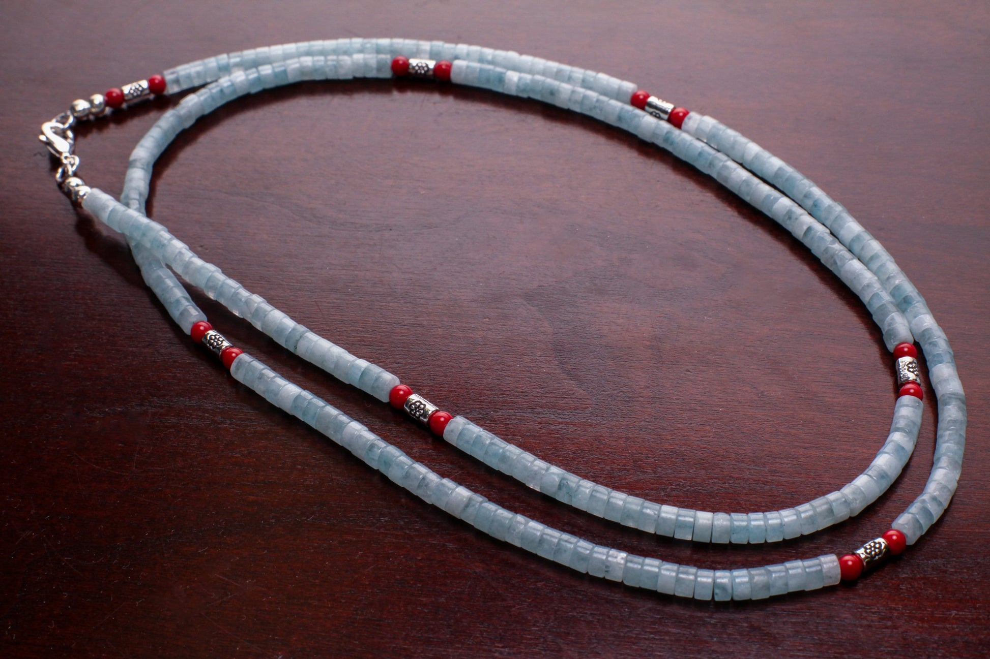 Natural Amazonite smooth Heishi 4mm, Coral and Bali style spacer Silver Necklace, for Men and Women.