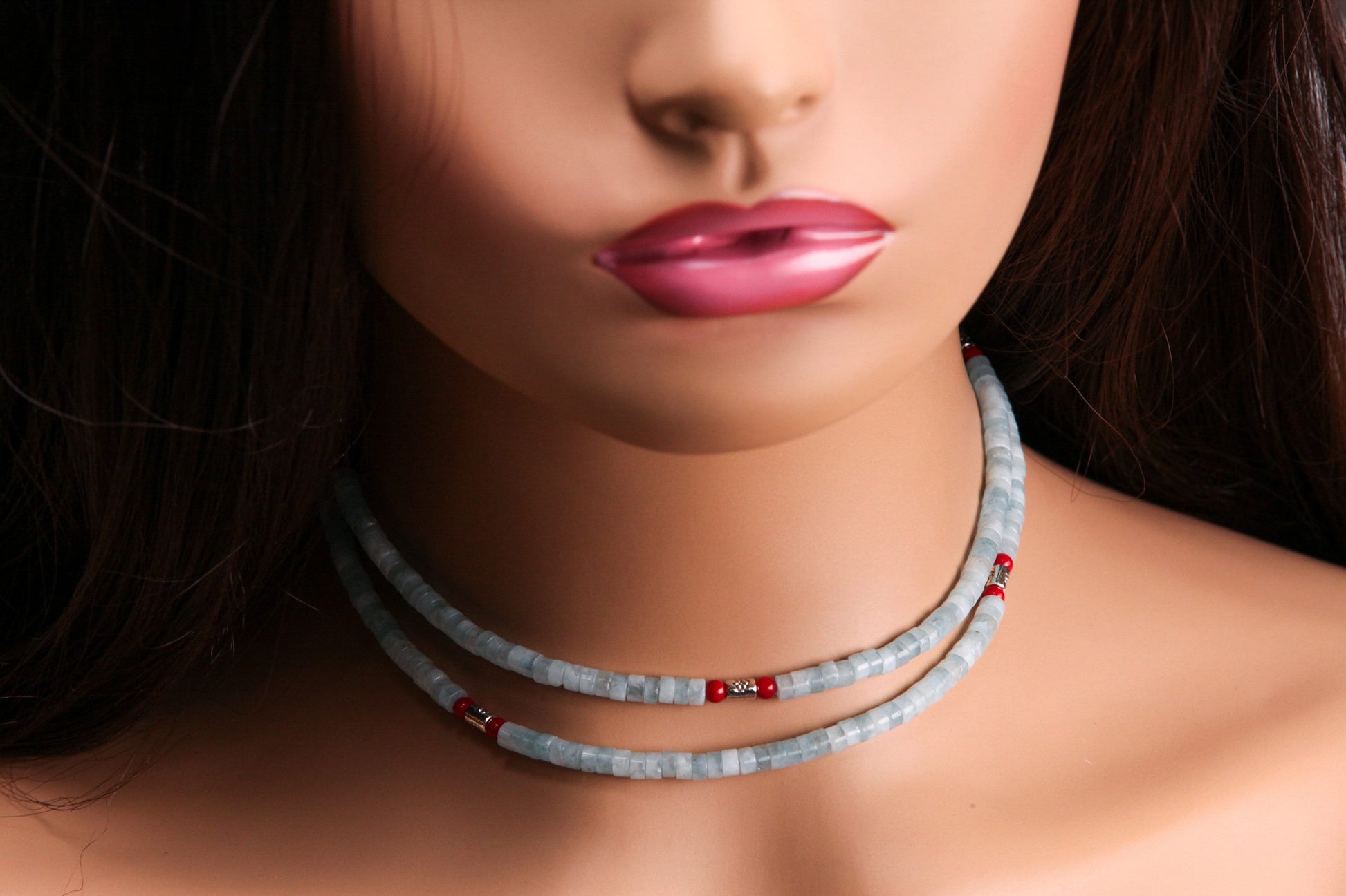 Natural Amazonite smooth Heishi 4mm, Coral and Bali style spacer Silver Necklace, for Men and Women.