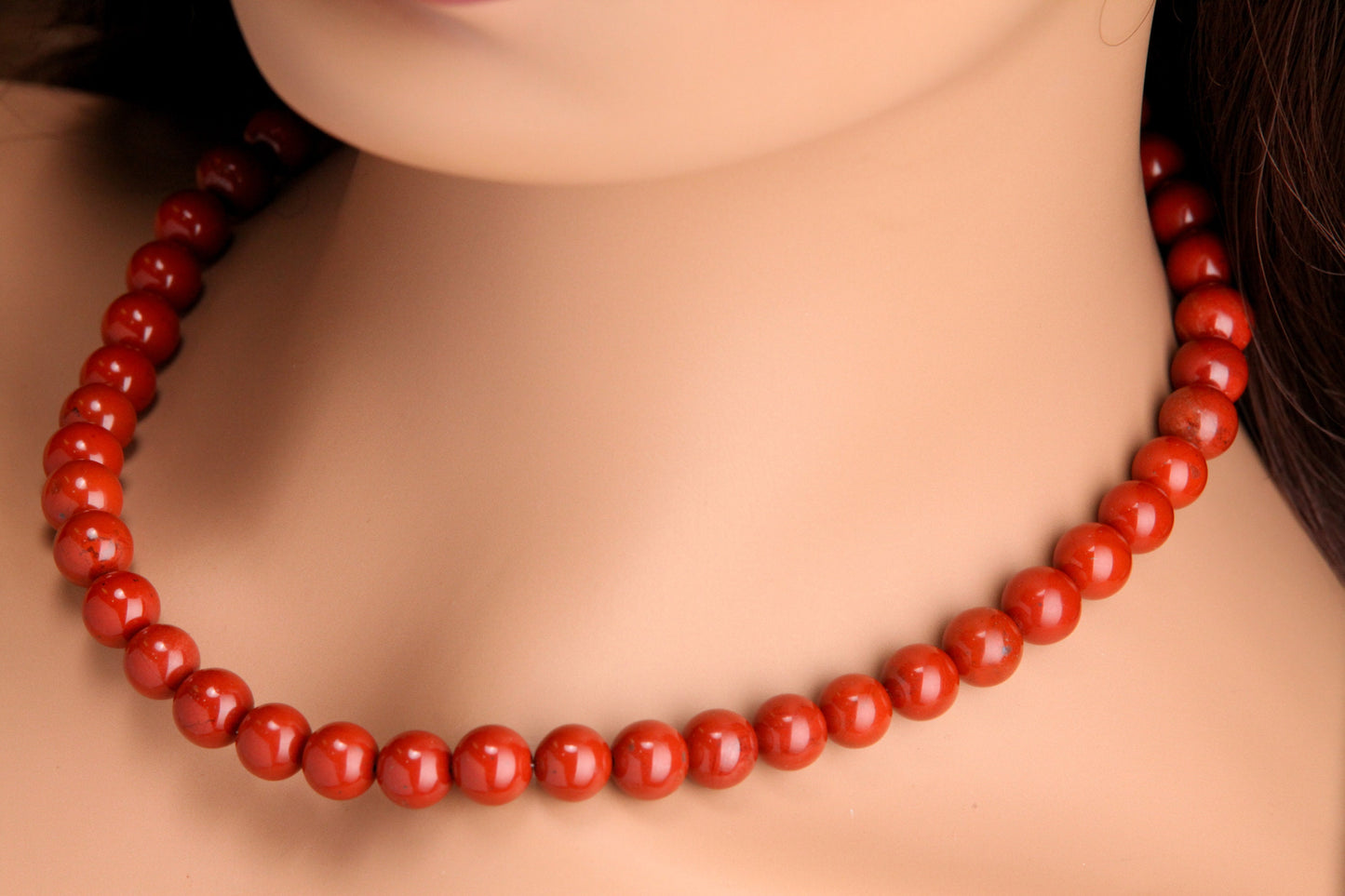 Natural Red Jasper 10mm Smooth Round Choker Layering Necklace, Handmade, Bali style large hook clasp brick red, energy, October Birthstone