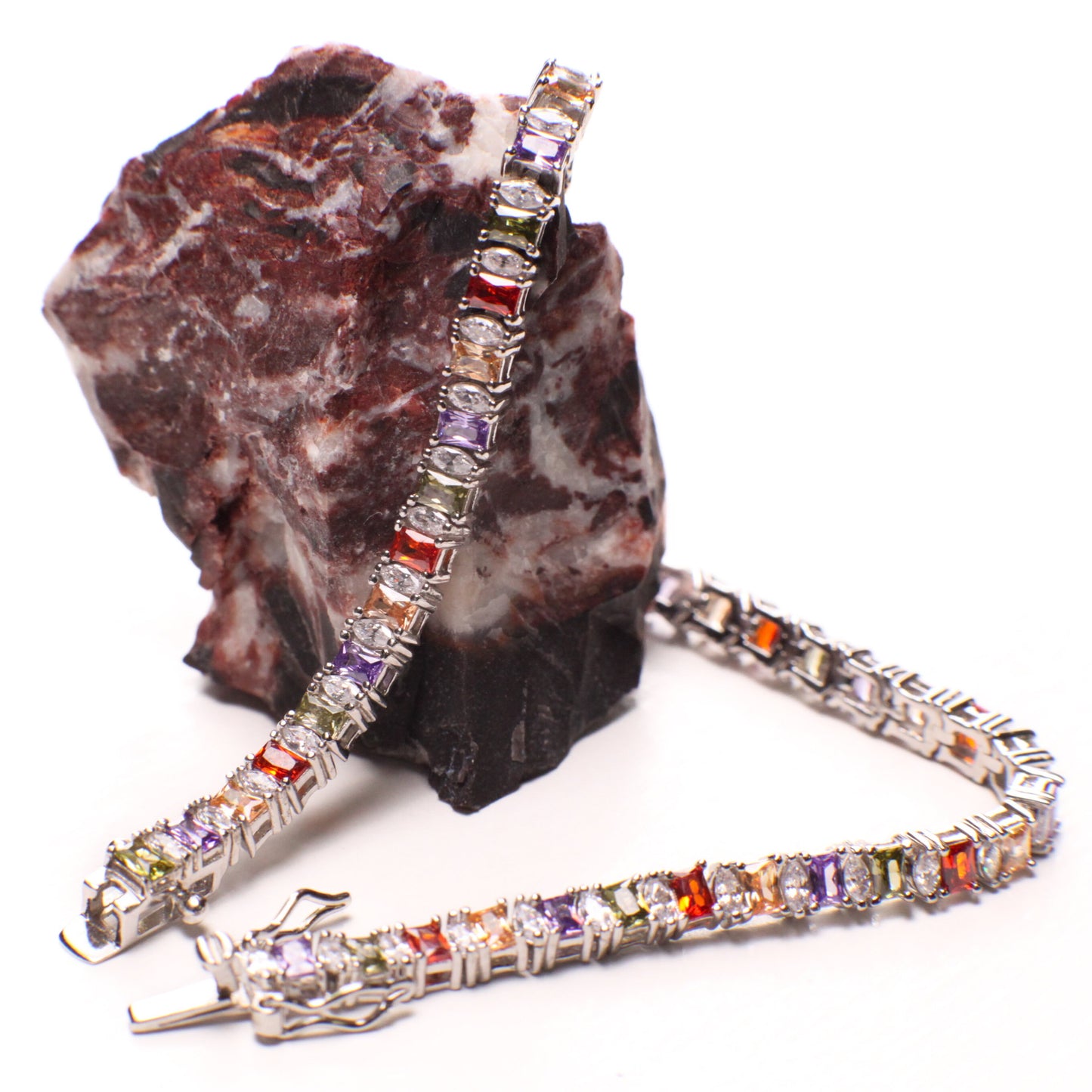 925 Sterling Silver Solid Multi Gemstone and CZ Diamond Princess cut Tennis Bracelet 7.5” Peridot Citrine Amethyst Garnet 925 stamped