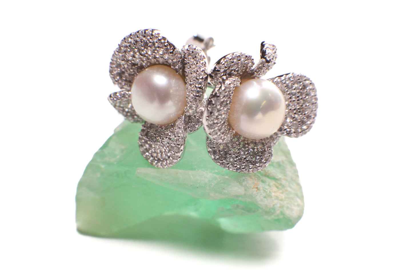 925 Sterling Silver CZ Diamond Freshwater Pearl Flower 18x19mm Post Earrings ,925 stamped Elegant Gift, Evening wear