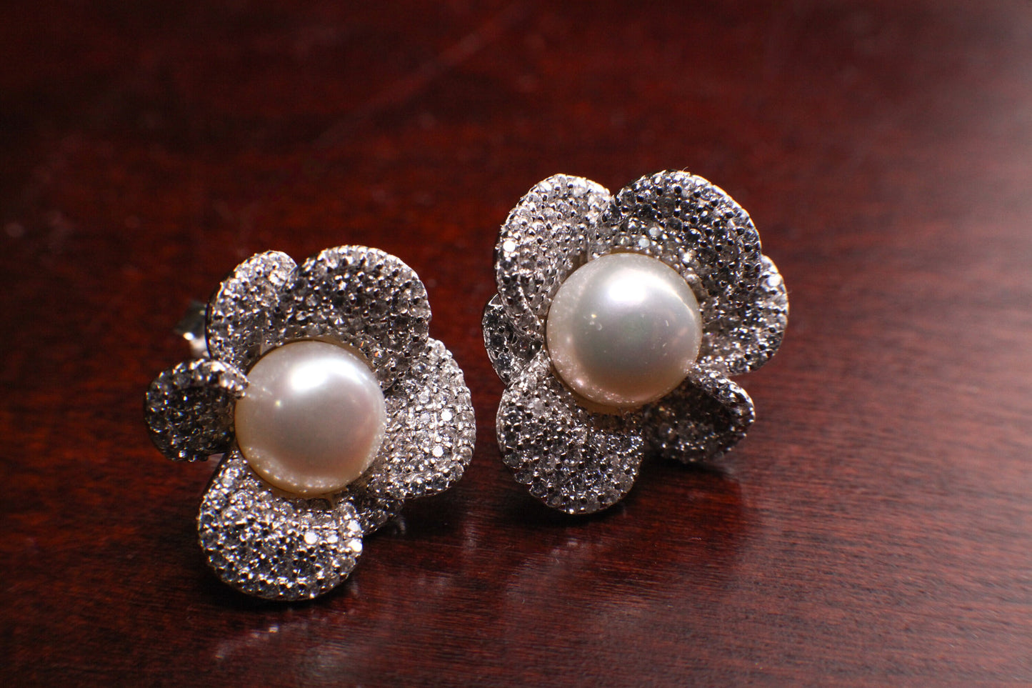 925 Sterling Silver CZ Diamond Freshwater Pearl Flower 18x19mm Post Earrings ,925 stamped Elegant Gift, Evening wear