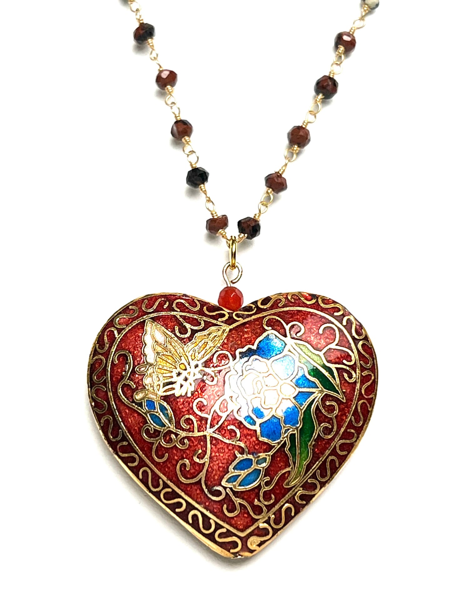 Cloisonné Pendant Vintage Heart Revisable Floral K2 Jasper, Mahogany Obsidian, Snow Flake Obsidian beaded chain 20+ 3” extension necklace