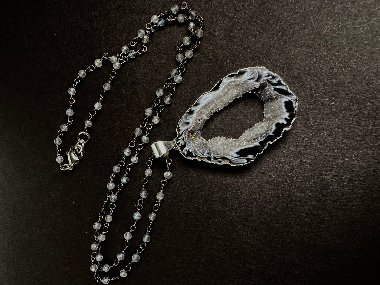 Botswana Agate Druzy Geode Pendant Necklace, Silver Labradorite Rosary Chain