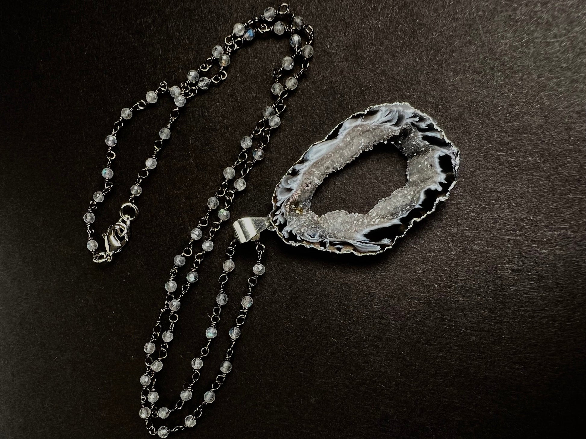 Botswana Agate Druzy Geode Pendant Necklace, Silver Labradorite Rosary Chain