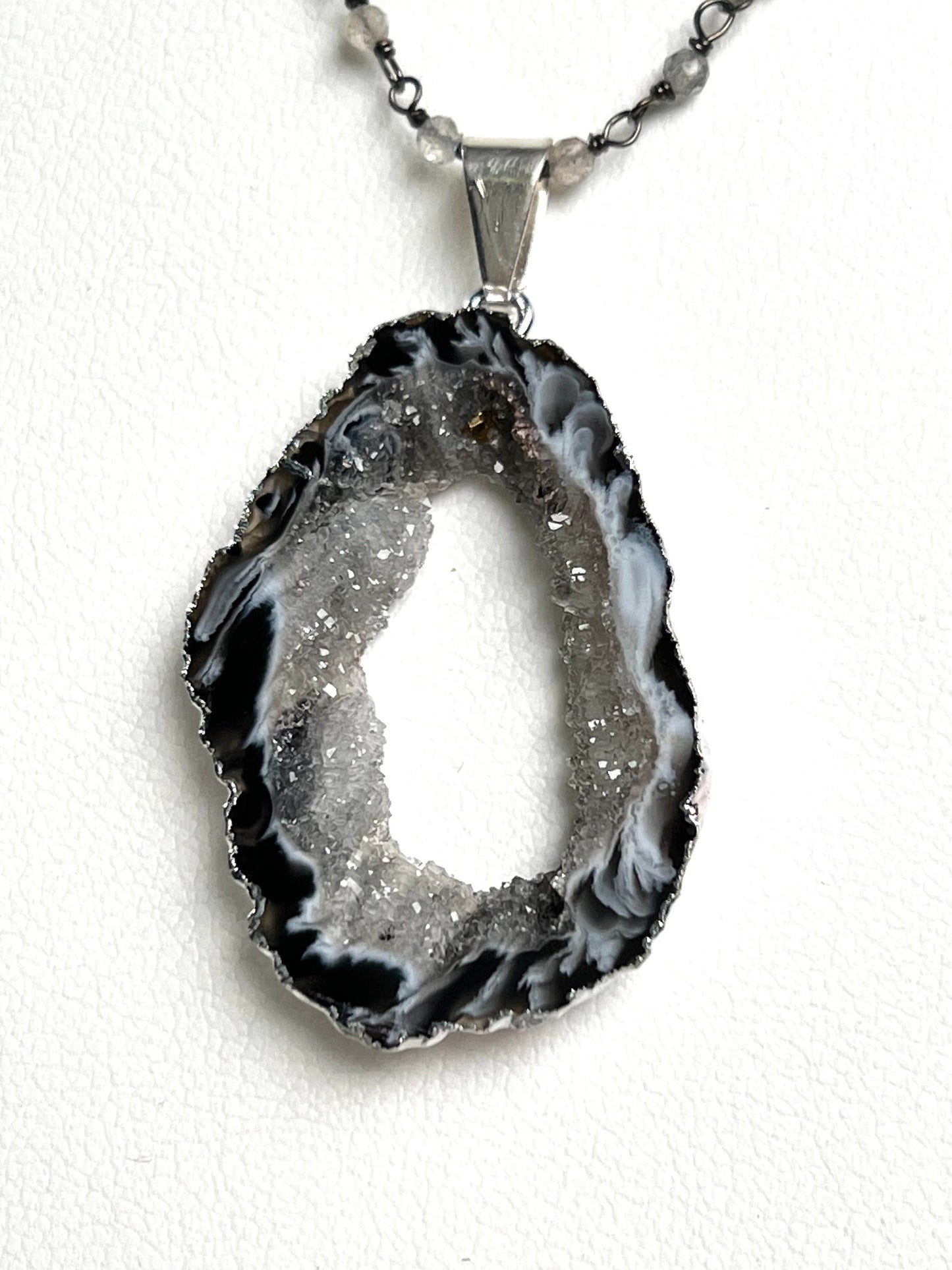 Genuine Botswana Agate Druzy Geode Gemstone Pendant and Silver Faceted Labradorite Beaded Rosary Chain Necklace