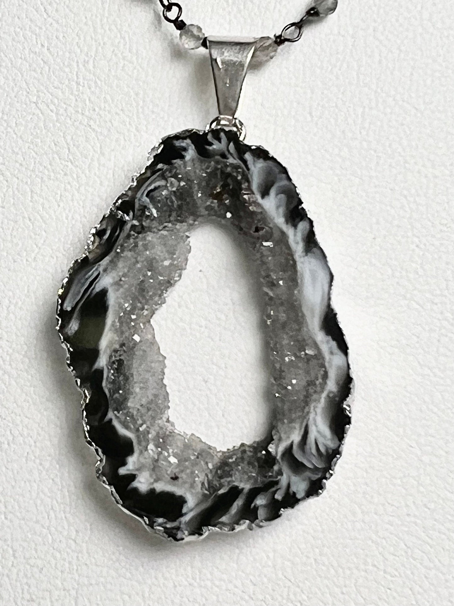 Botswana Agate Druzy Geode Pendant Necklace, Silver Labradorite Rosary Chain