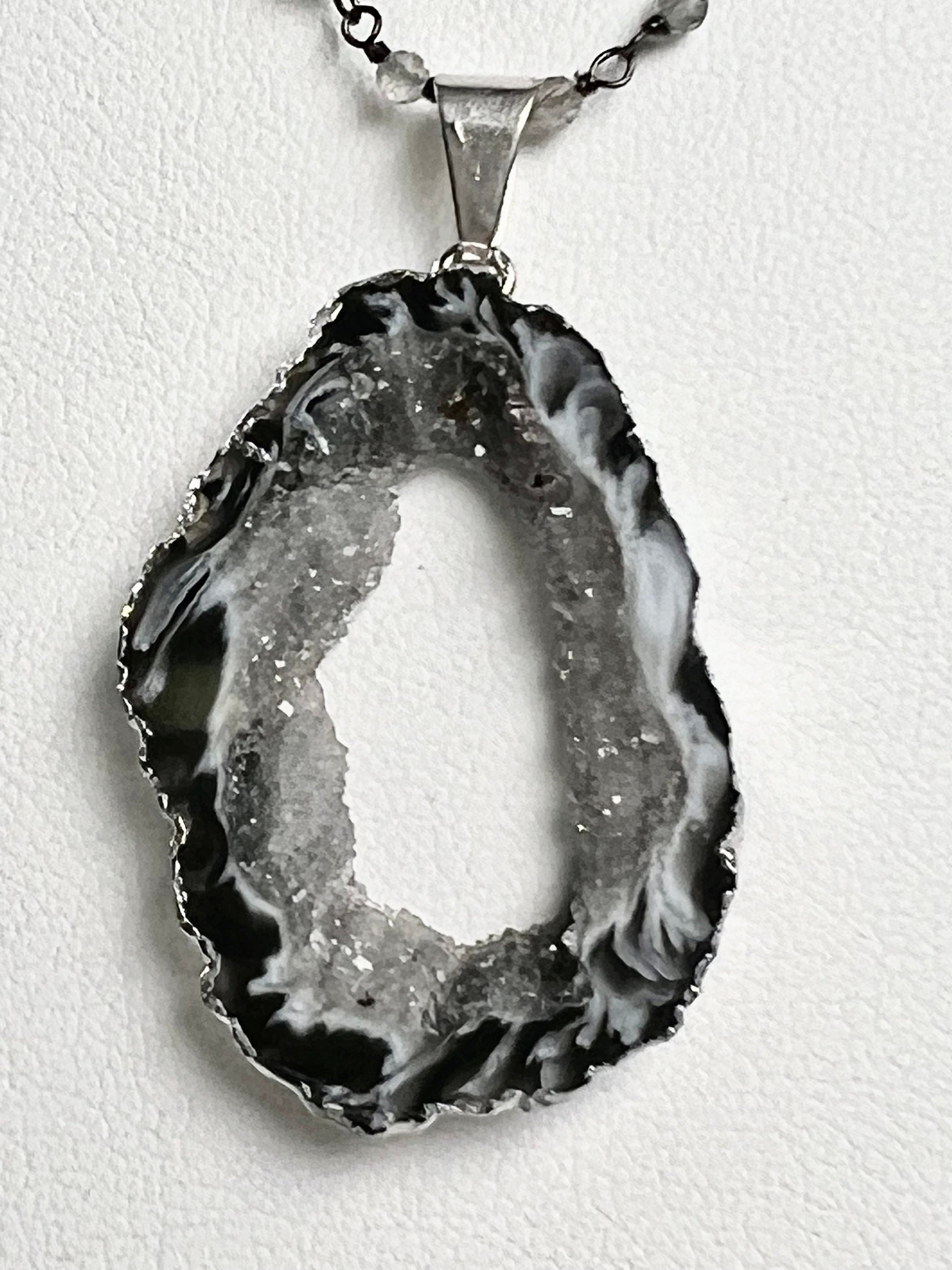 Botswana Agate Druzy Geode Pendant Necklace, Silver Labradorite Rosary Chain