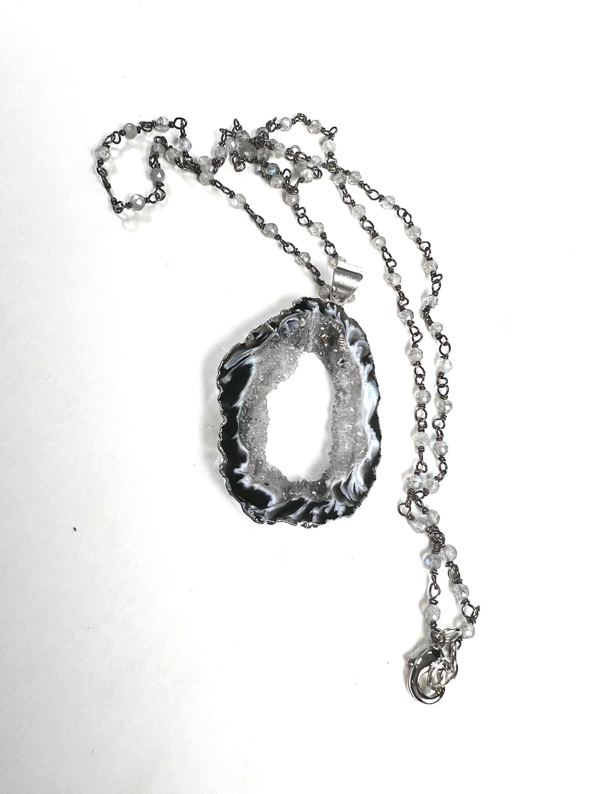 Botswana Agate Druzy Geode Pendant Necklace, Silver Labradorite Rosary Chain
