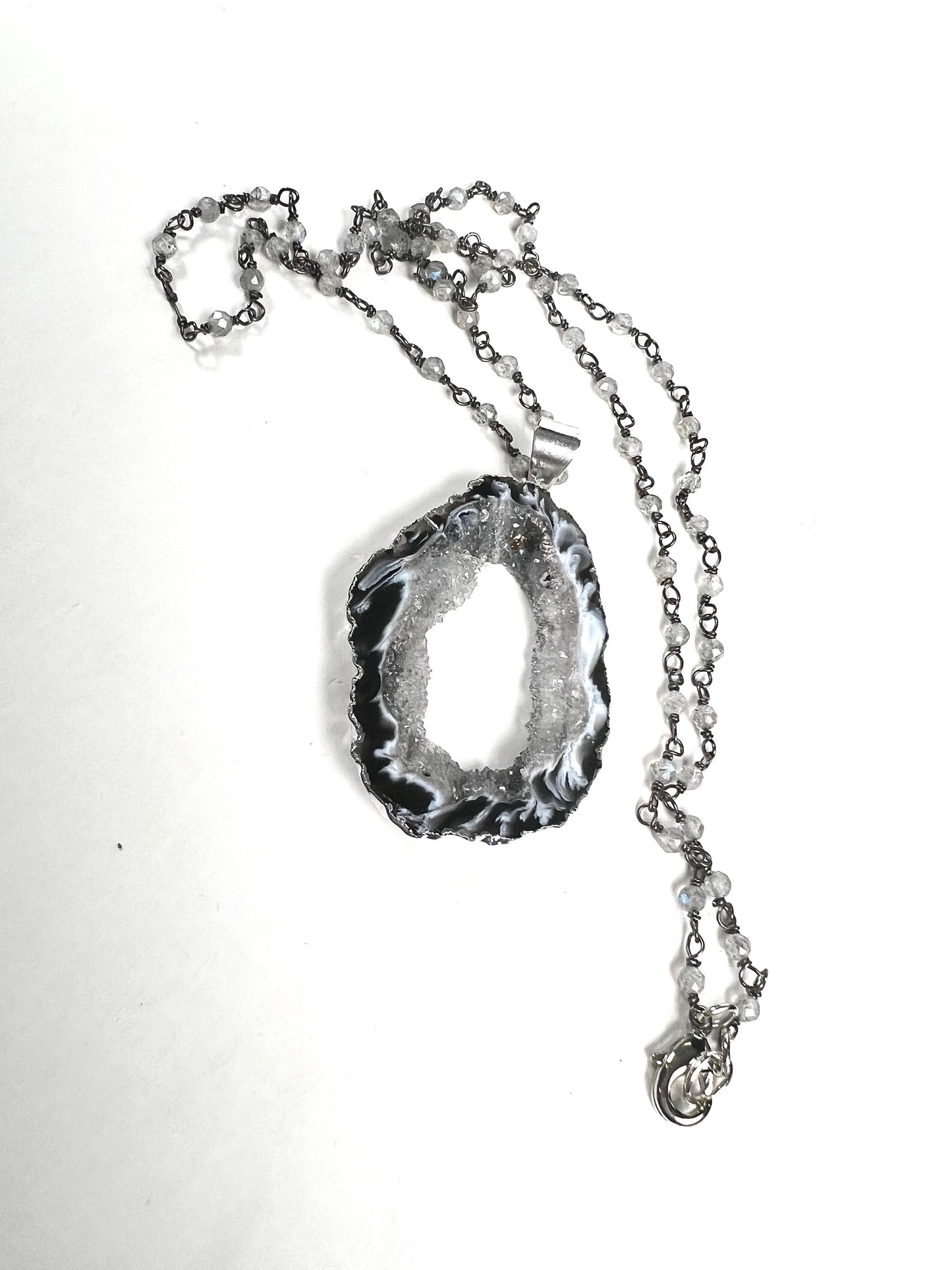 Genuine Botswana Agate Druzy Geode Gemstone Pendant and Silver Faceted Labradorite Beaded Rosary Chain Necklace