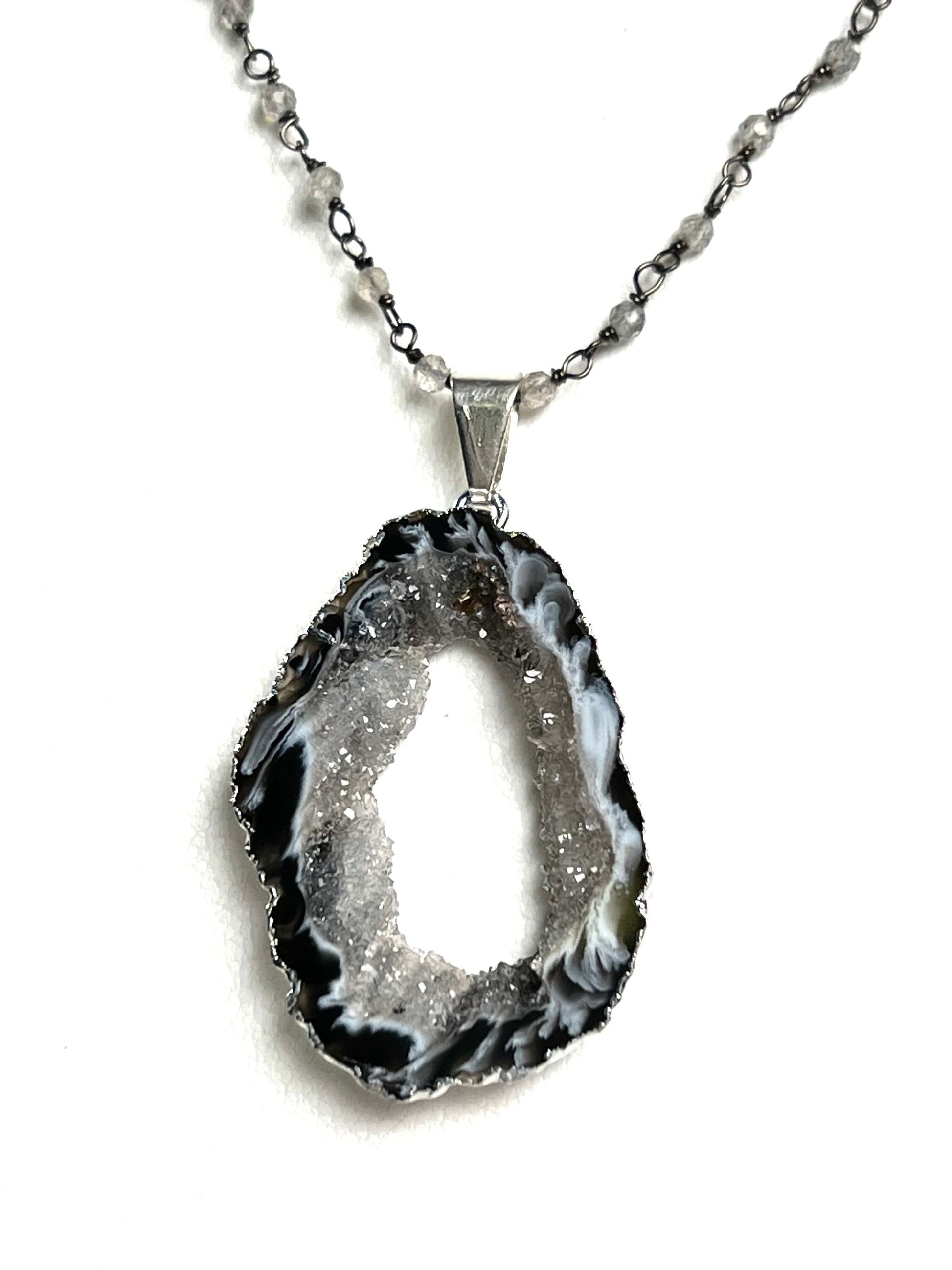 Genuine Botswana Agate Druzy Geode Gemstone Pendant and Silver Faceted Labradorite Beaded Rosary Chain Necklace