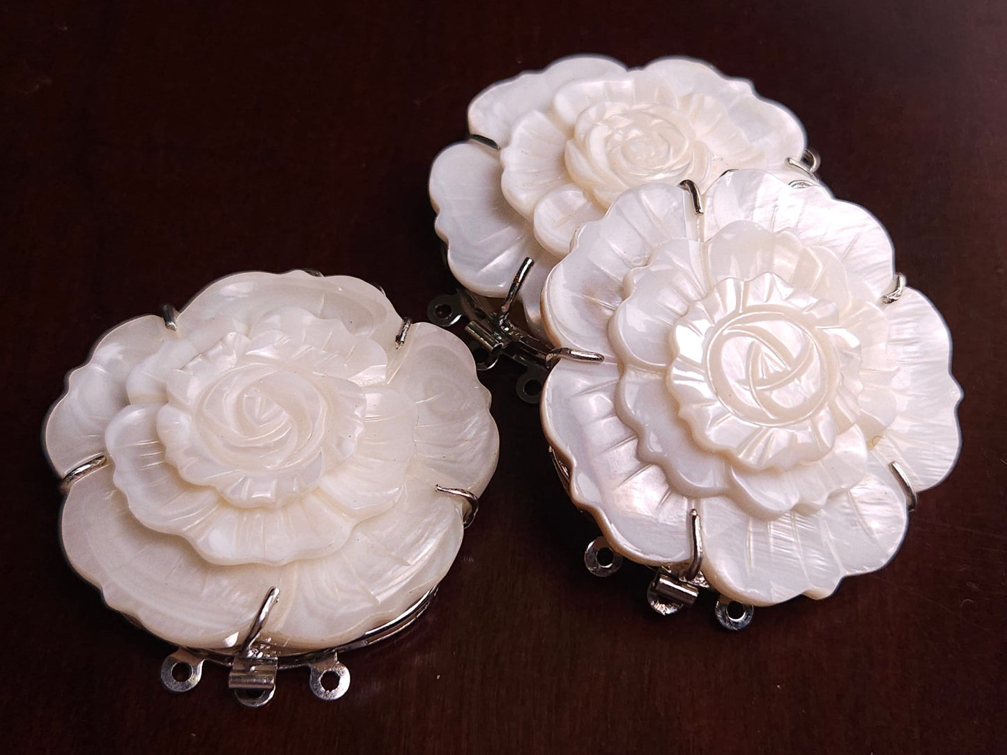 Hand Carved Mother of Pearl Clasp, White MOP 3 Loop Fancy Flower 43mm Large Clasp , Jewelry Making Rhodium 3 line vintage Clasp