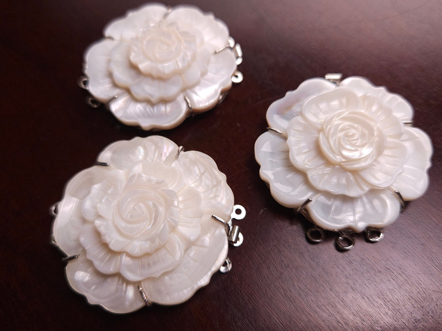 Hand Carved Mother of Pearl Clasp, White MOP 3 Loop Fancy Flower 43mm Large Clasp , Jewelry Making Rhodium 3 line vintage Clasp