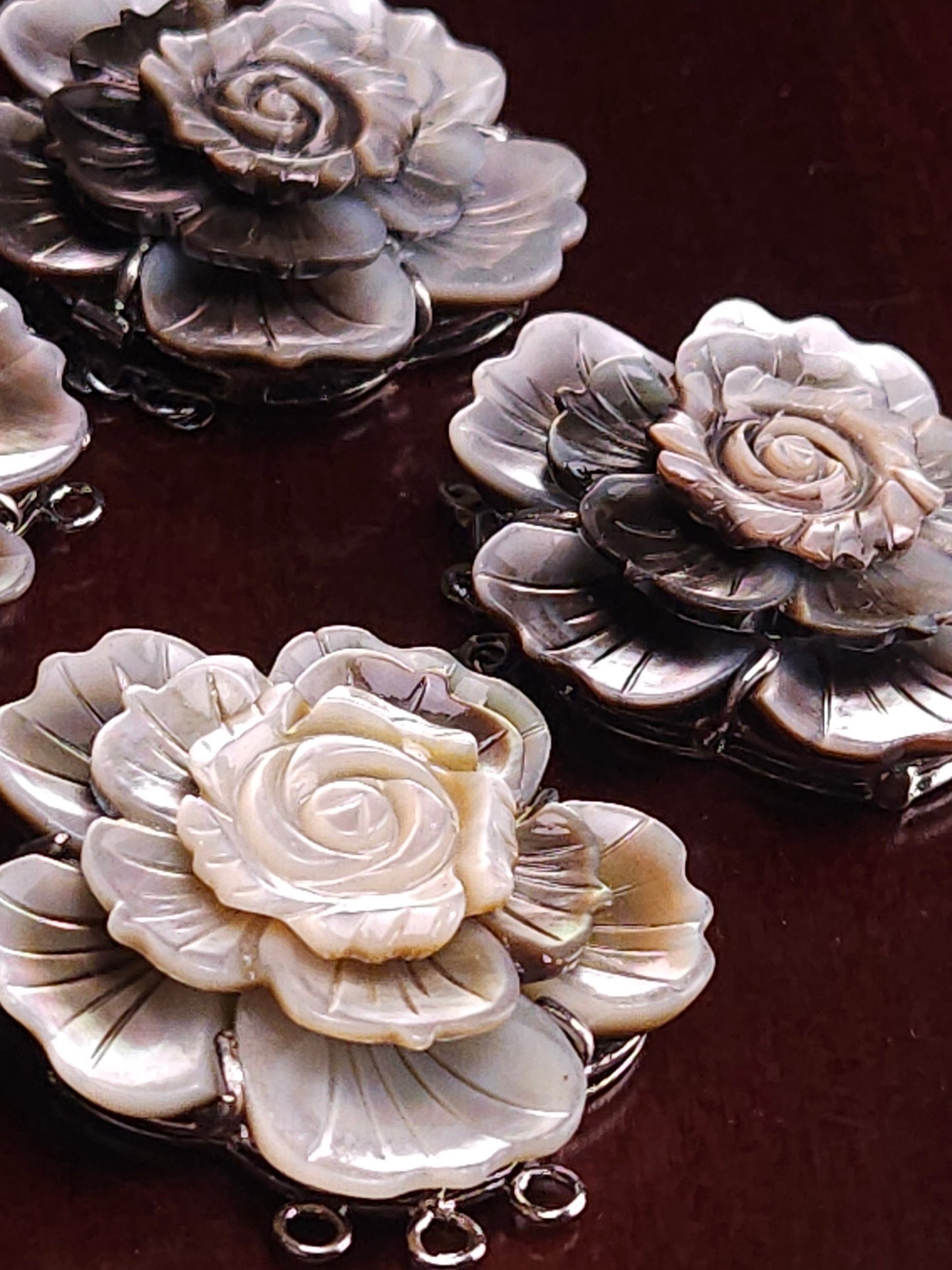 Hand Carved Black Lip Mother of Pearl Clasp, MOP 3 Loop Fancy Flower 43mm Large Clasp, Jewelry Making Rhodium 3 line vintage Clasp