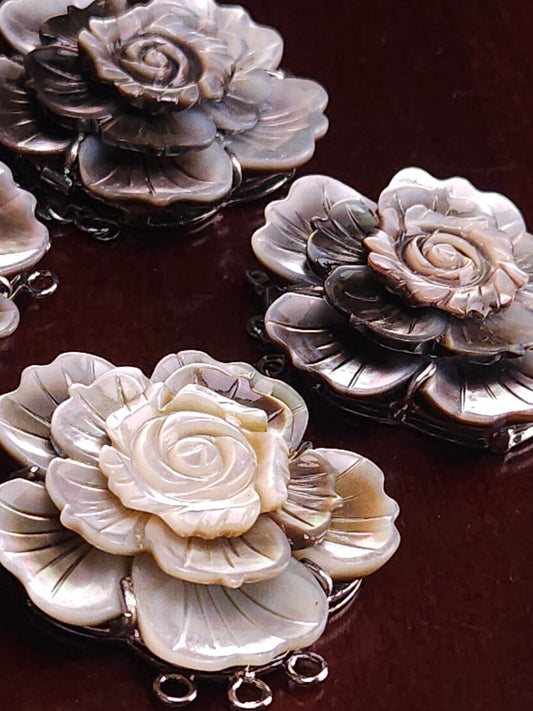 Hand Carved Black Lip Mother of Pearl Clasp, MOP 3 Loop Fancy Flower 43mm Large Clasp, Jewelry Making Rhodium 3 line vintage Clasp