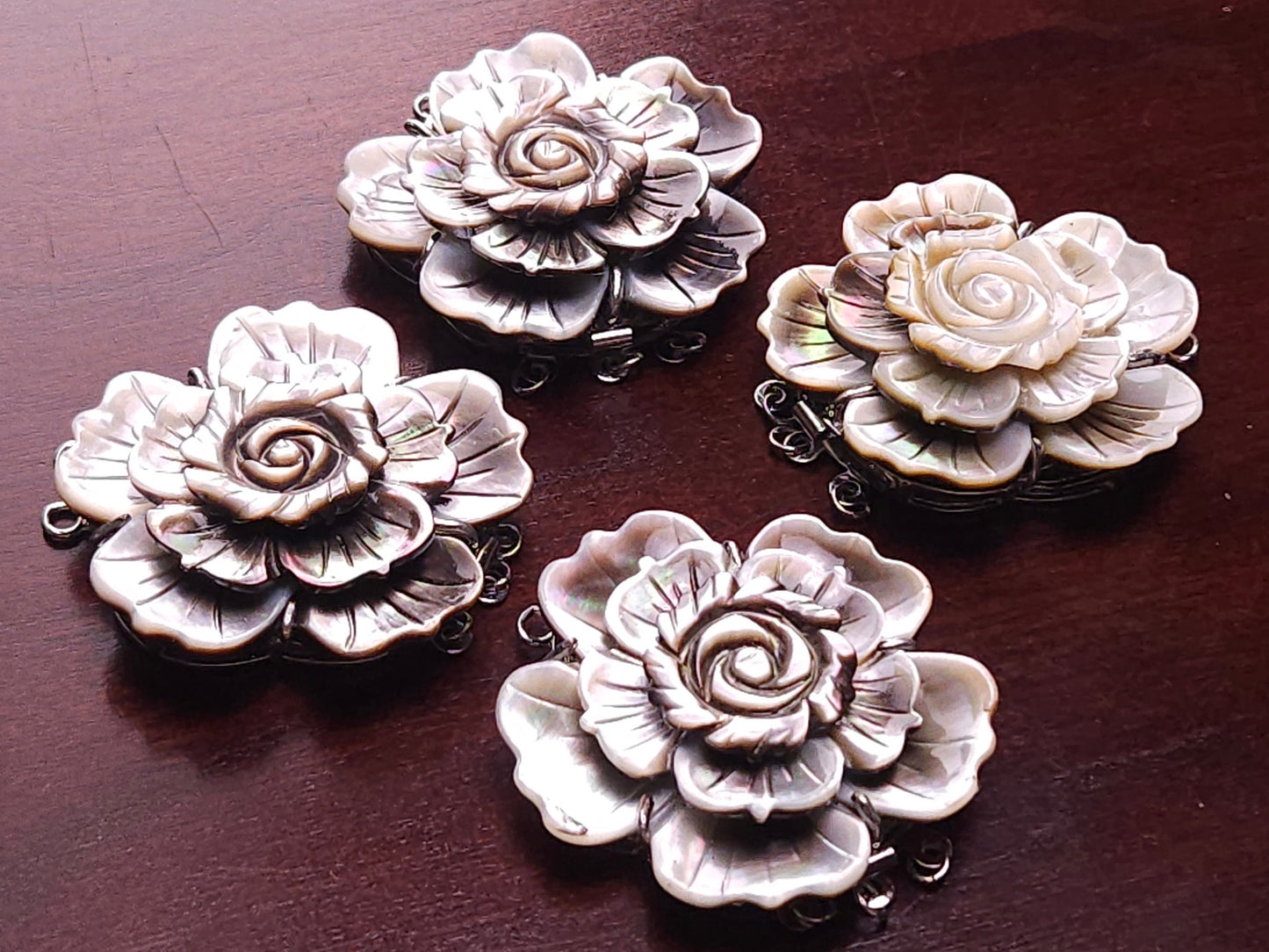 Hand Carved Black Lip Mother of Pearl Clasp, MOP 3 Loop Fancy Flower 43mm Large Clasp, Jewelry Making Rhodium 3 line vintage Clasp