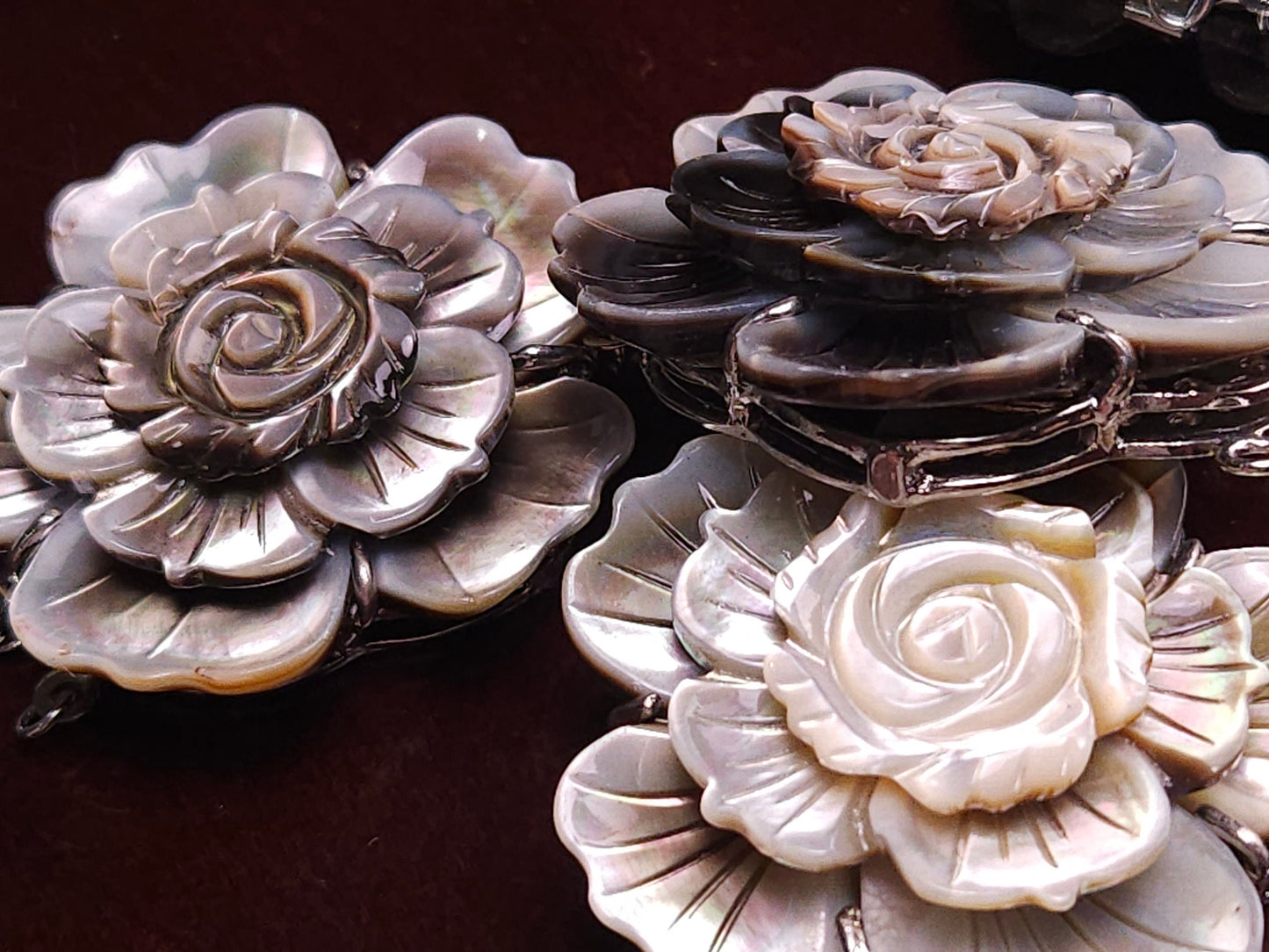 Hand Carved Black Lip Mother of Pearl Clasp, MOP 3 Loop Fancy Flower 43mm Large Clasp, Jewelry Making Rhodium 3 line vintage Clasp