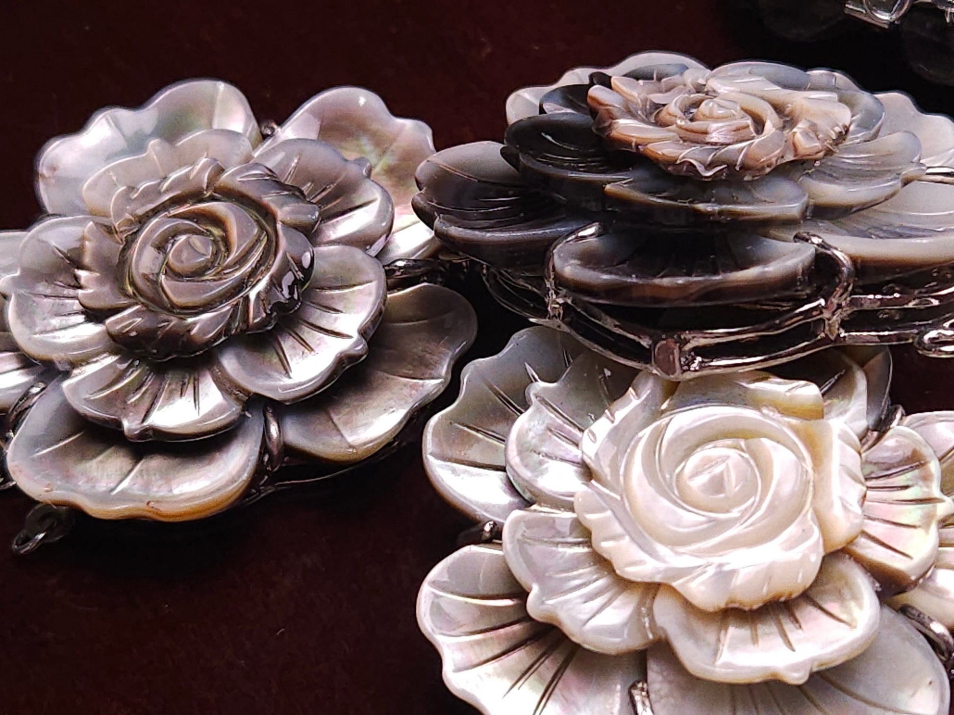 Hand Carved Black Lip Mother of Pearl Clasp, MOP 3 Loop Fancy Flower 43mm Large Clasp, Jewelry Making Rhodium 3 line vintage Clasp