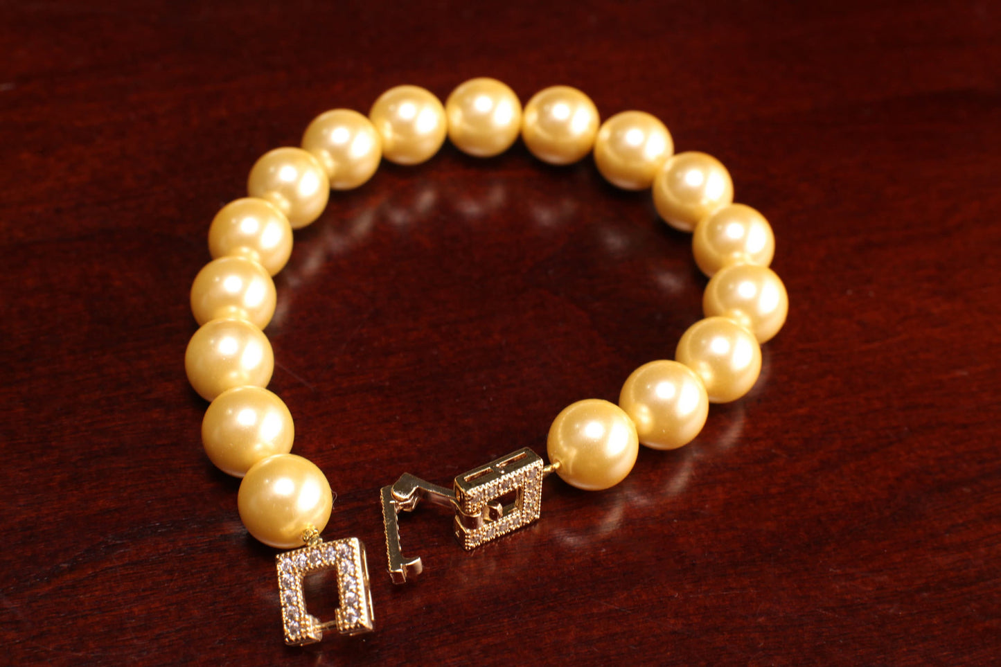 Golden Yellow South Sea Shell Pearl 8, 10mm Bracelet in Fancy CZ Diamond Gold Vermeil Foldable Clasp, Bridal, Gift for Her, Handmade