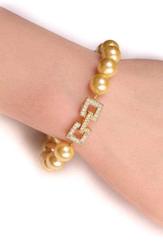 Golden Yellow South Sea Shell Pearl 8, 10mm Bracelet in Fancy CZ Diamond Gold Vermeil Foldable Clasp, Bridal, Gift for Her, Handmade