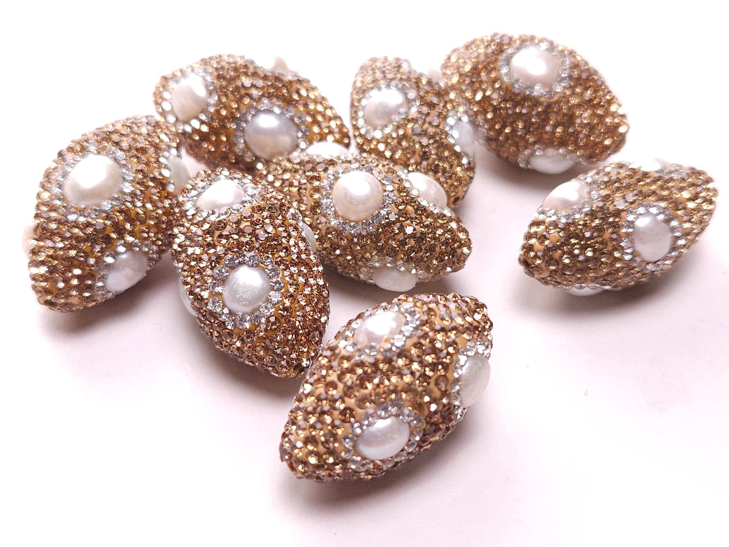 Freshwater Pearl with Gold Crystal Pave Rhinestone Handmade Fancy Focal Bead, 18x30mm, 1 pc, Jewelry Making Bling Bead