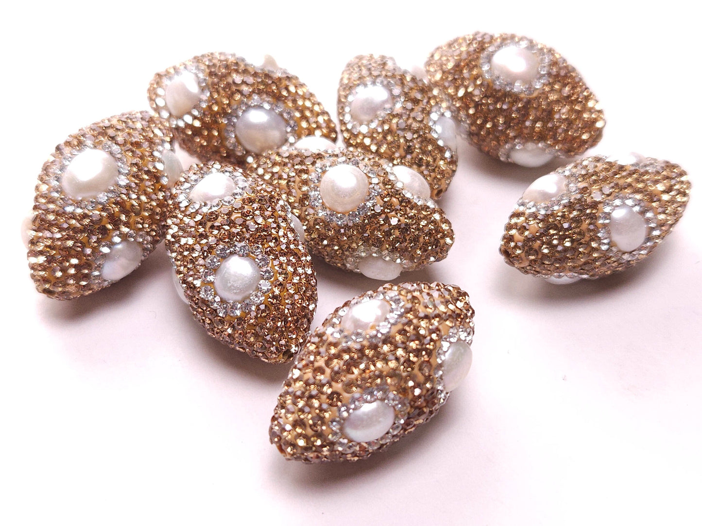 Freshwater Pearl with Gold Crystal Pave Rhinestone Handmade Fancy Focal Bead, 18x30mm, 1 pc, Jewelry Making Bling Bead