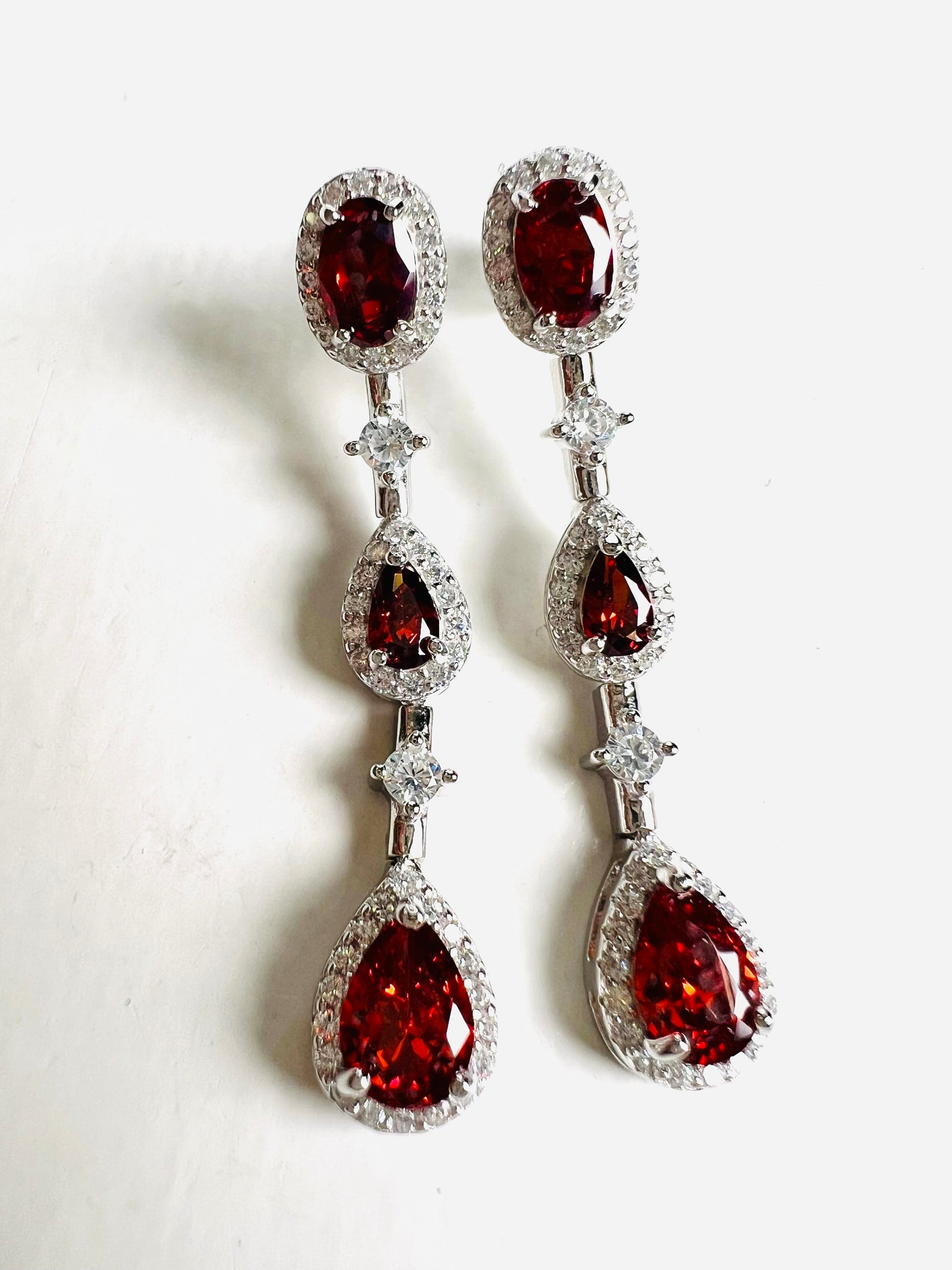 Garnet 925 Sterling Silver earrings. Mozambique Garnet Teadrop 6x40mm dangling on CZ diamond setting Earrings, 925 stamped, gift for her