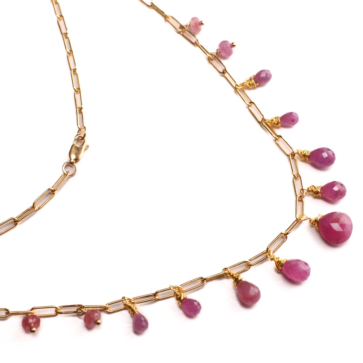 Natural Pink Sapphire Faceted Drop Wire Wrapped Dangling 14k Gold Filled Handmade Necklace. Precious Elegant gift unity love & truth .