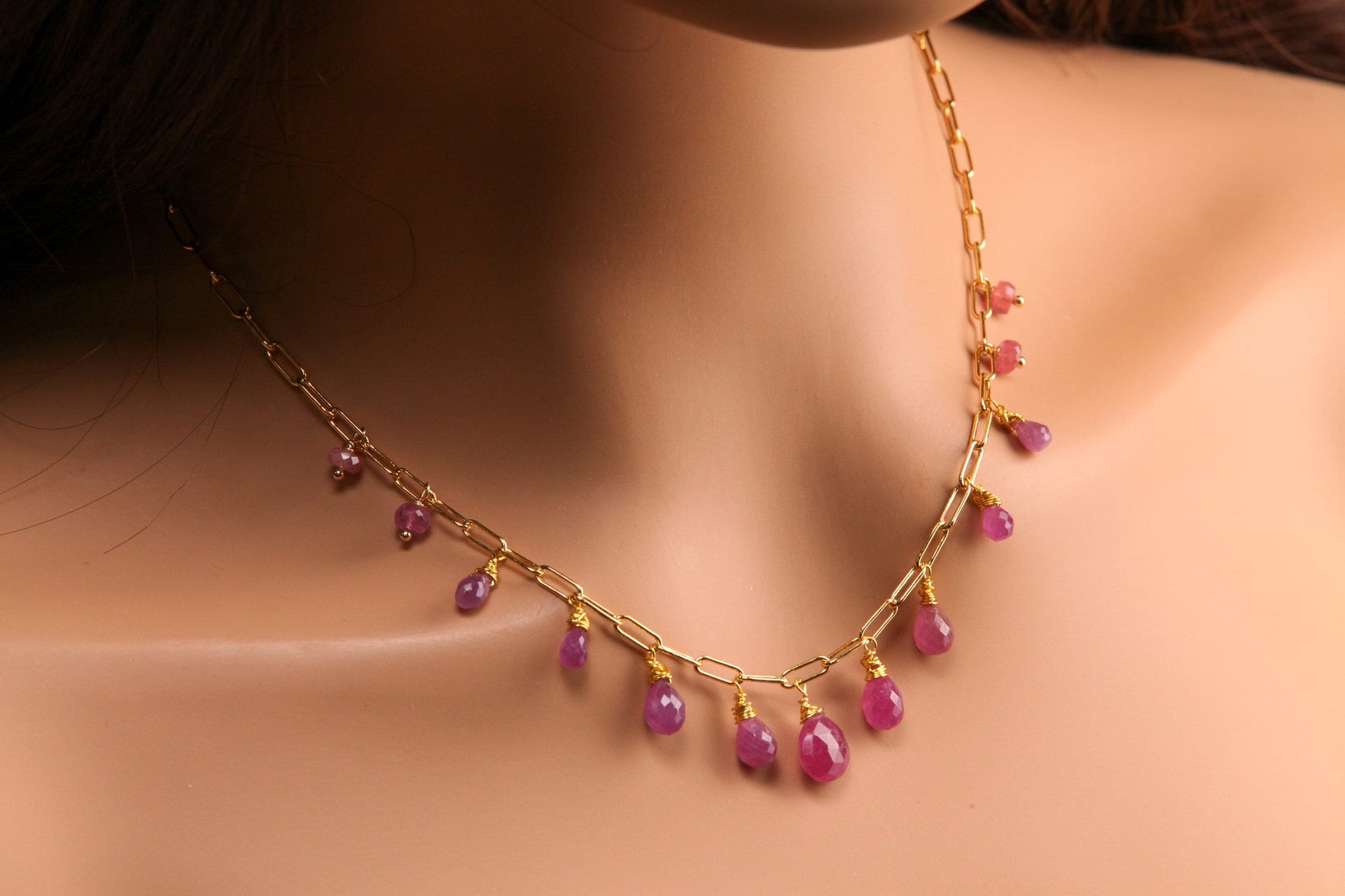 Natural Pink Sapphire Faceted Drop Wire Wrapped Dangling 14k Gold Filled Handmade Necklace. Precious Elegant gift unity love & truth .