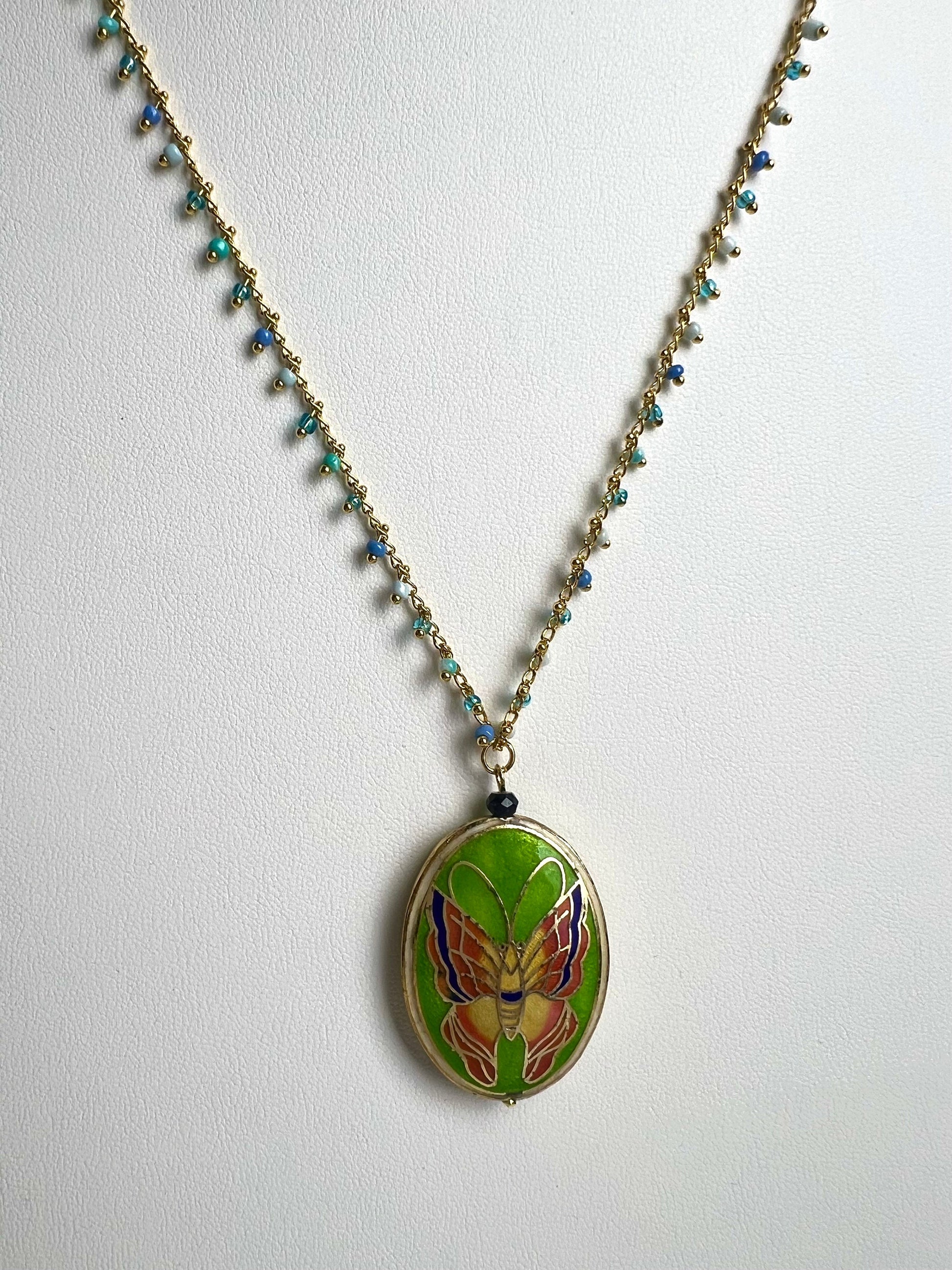 Traditional Cloisonné Pendant Vintage Butterfly Focal with matching Gold Beaded Chain 22” Necklace .Orange green pendant and blue green