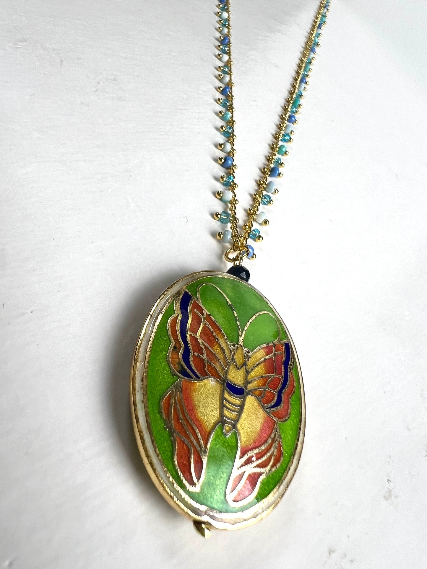 Traditional Cloisonné Pendant Vintage Butterfly Focal with matching Gold Beaded Chain 22” Necklace .Orange green pendant and blue green