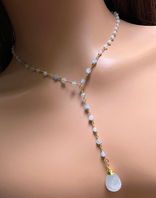 Aquamarine Y Necklace , Natural Aquamarine Faceted 12x18mm Drop with Aquamarine wire wrapped gold chain .