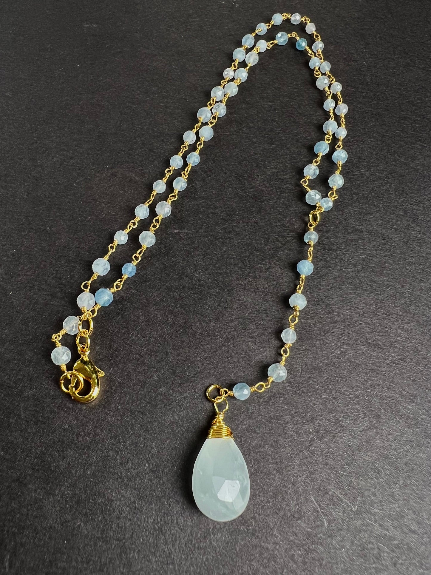 Aquamarine Y Necklace , Natural Aquamarine Faceted 12x18mm Drop with Aquamarine wire wrapped gold chain .