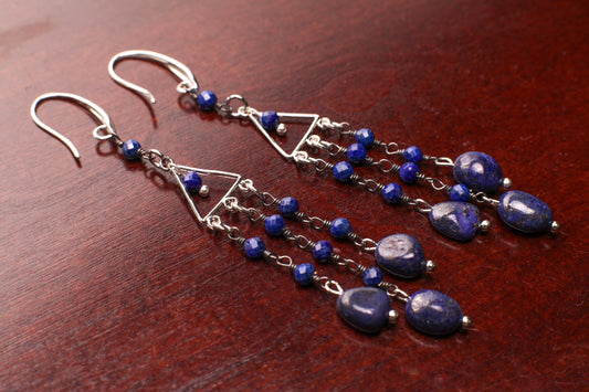 Natural Lapis Wire Wrapped Dangling Free Form Oval 6x9mm Accents Faceted Lapis Round Beads Rhodium Plated Chandelier Ear Wire