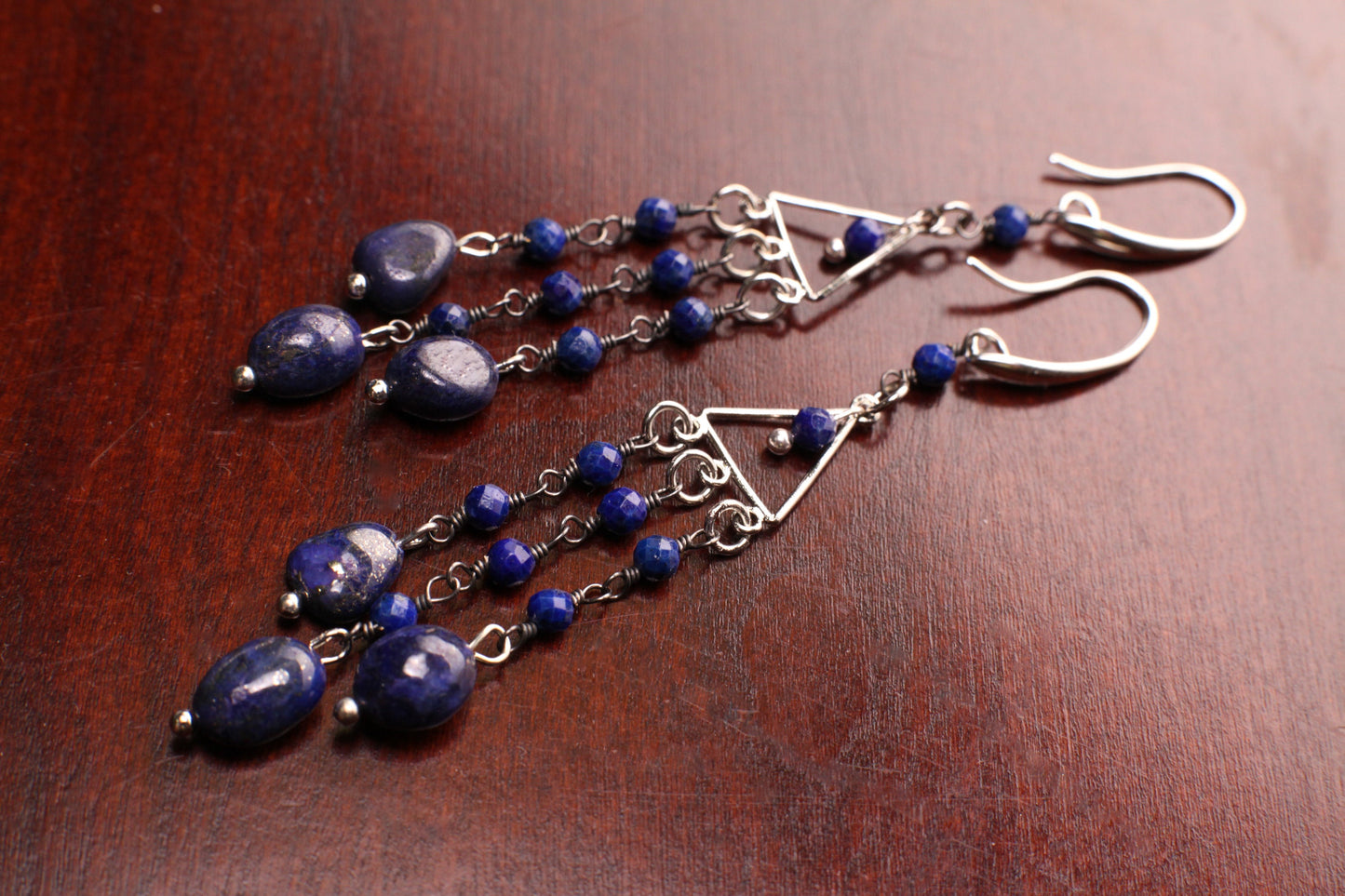 Natural Lapis Wire Wrapped Dangling Free Form Oval 6x9mm Accents Faceted Lapis Round Beads Rhodium Plated Chandelier Ear Wire