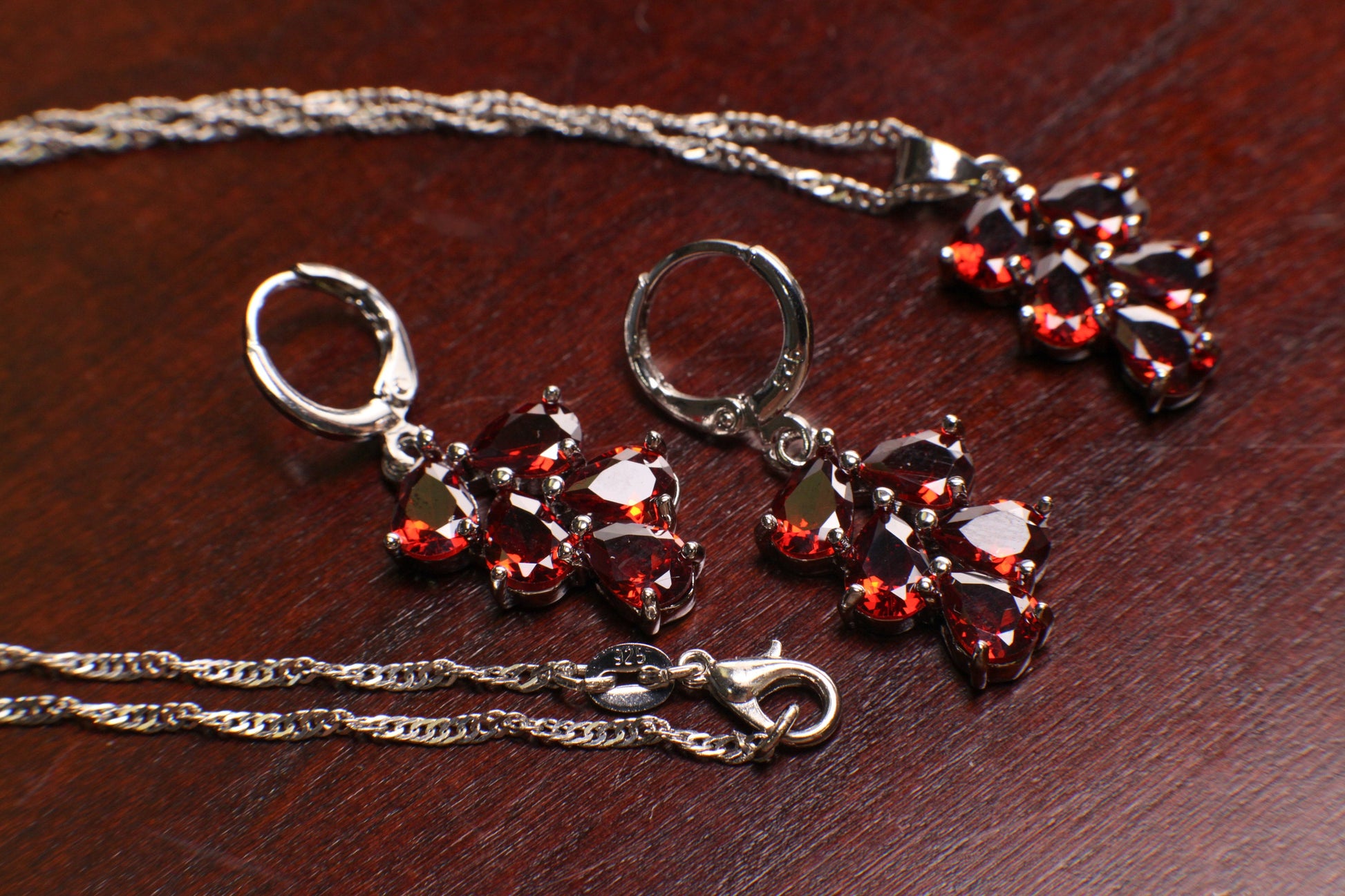 Genuine Mozambique Garnet Teardrop Dangling 925 Sterling Silver Earrings and Pendant Necklace set, 925 Stamped, Boho,Valentines Holiday Gift