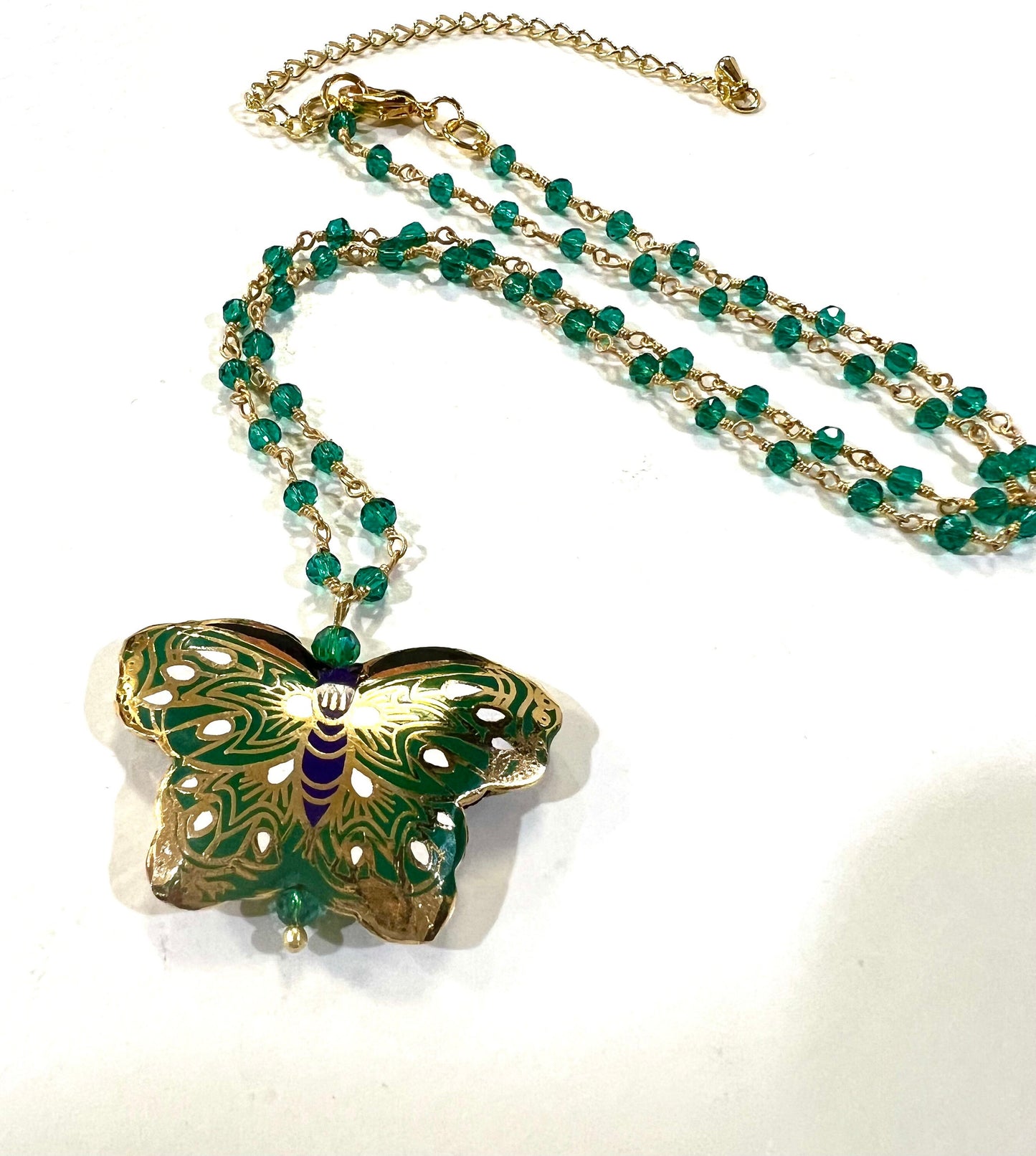 Traditional Cloisonné Double Sided Vintage Butterfly pendant with matching Green Onyx Necklace 18”plus 3"Extension. Beautiful Butterfly gift